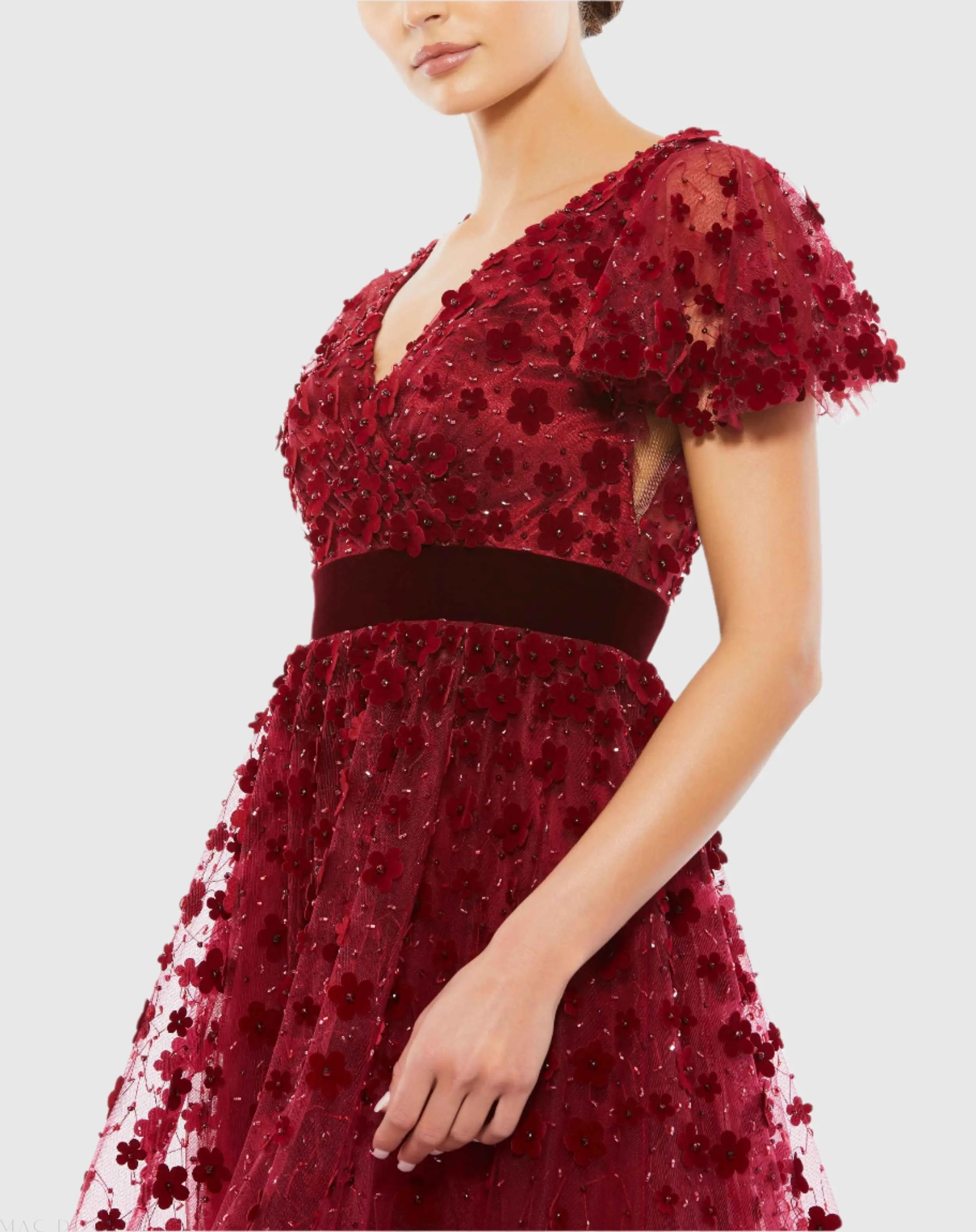 Red Embellished Butterfly Sleeve Velvet Hem Midi Dress - Mac Duggal