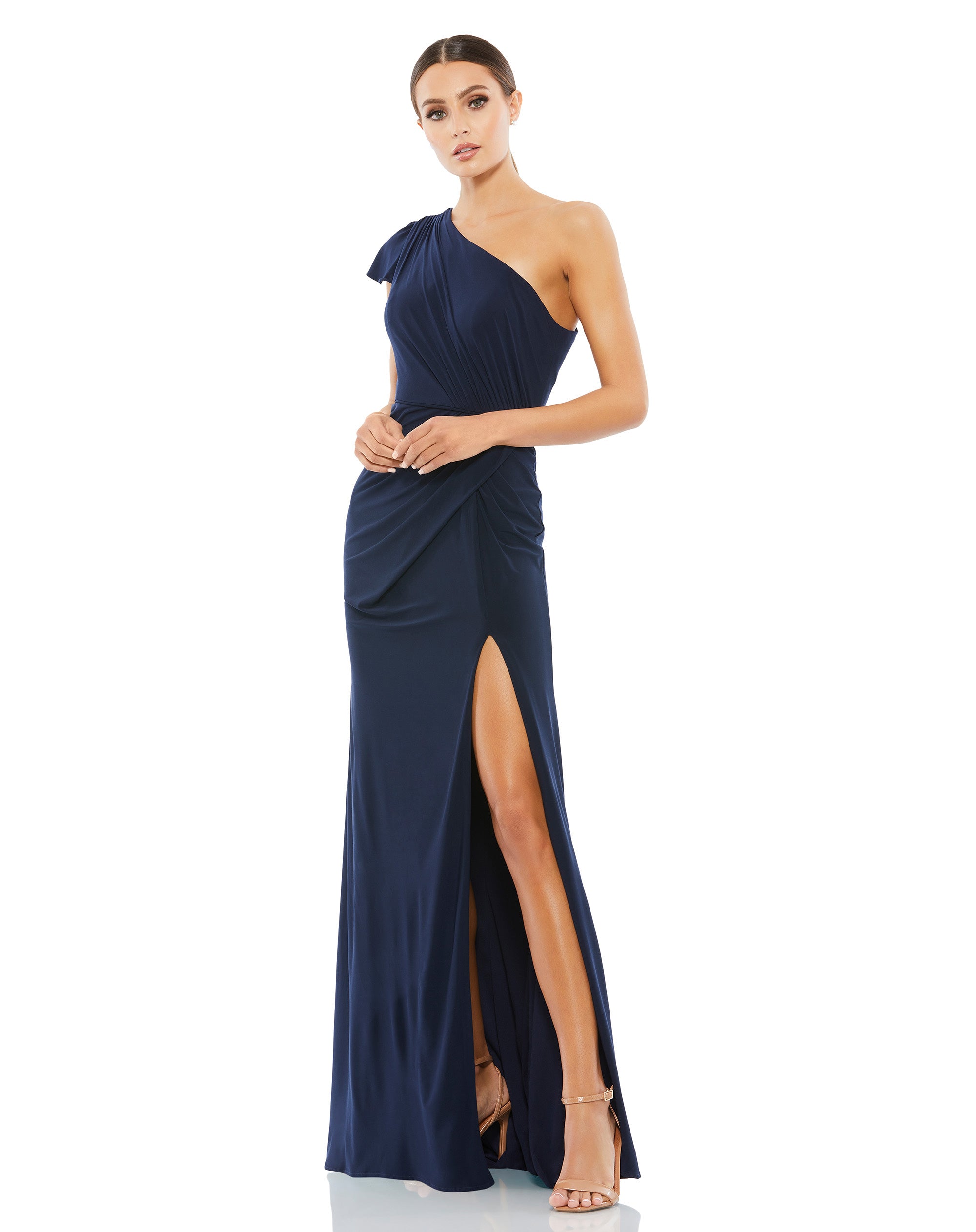 Ruffled One Shoulder Draped Gown