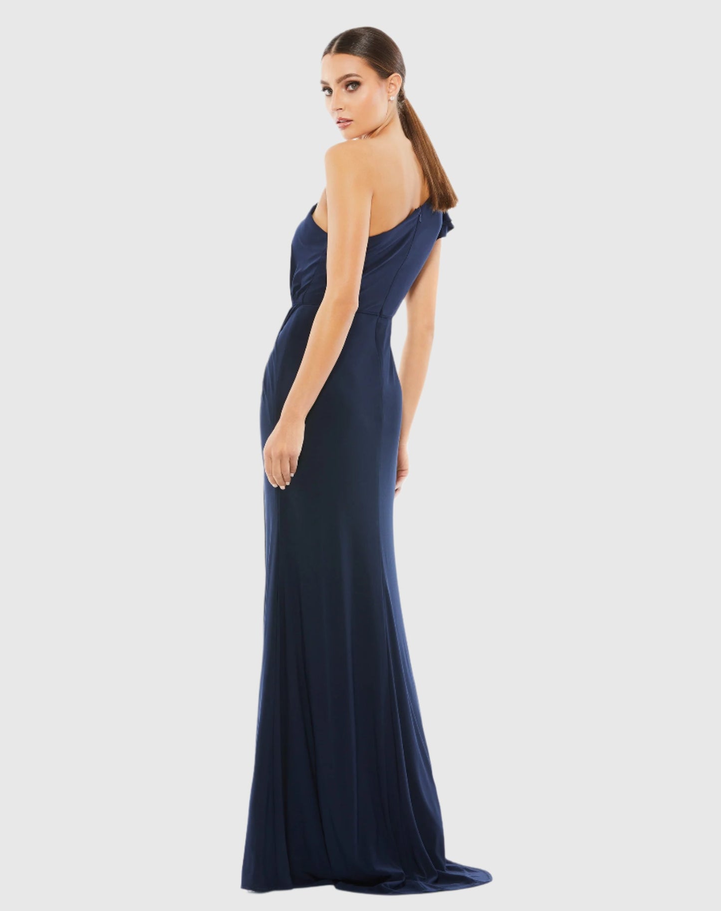 Ruffled One Shoulder Draped Gown