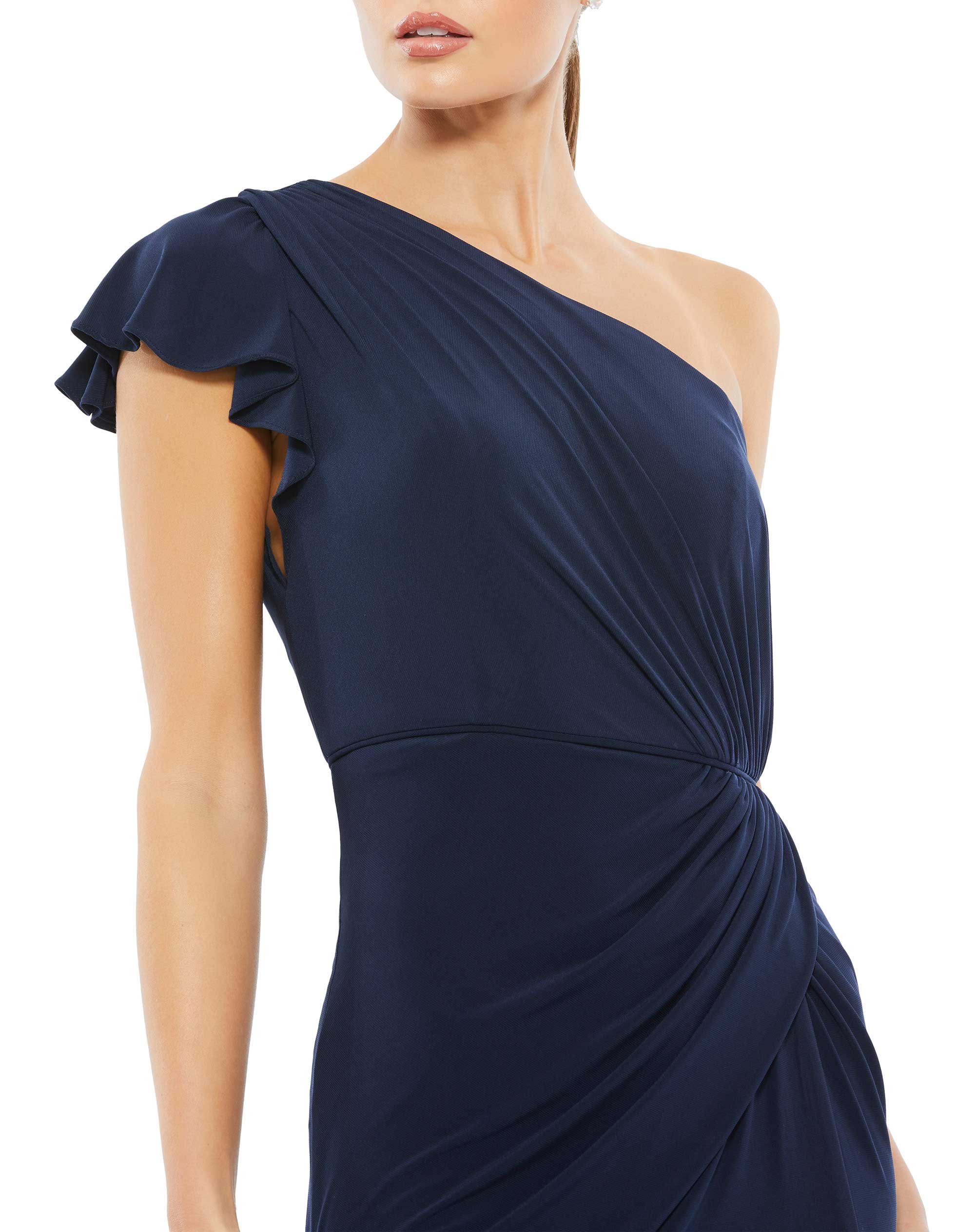 Ruffled One Shoulder Draped Gown