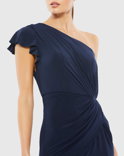 Ruffled One Shoulder Draped Gown