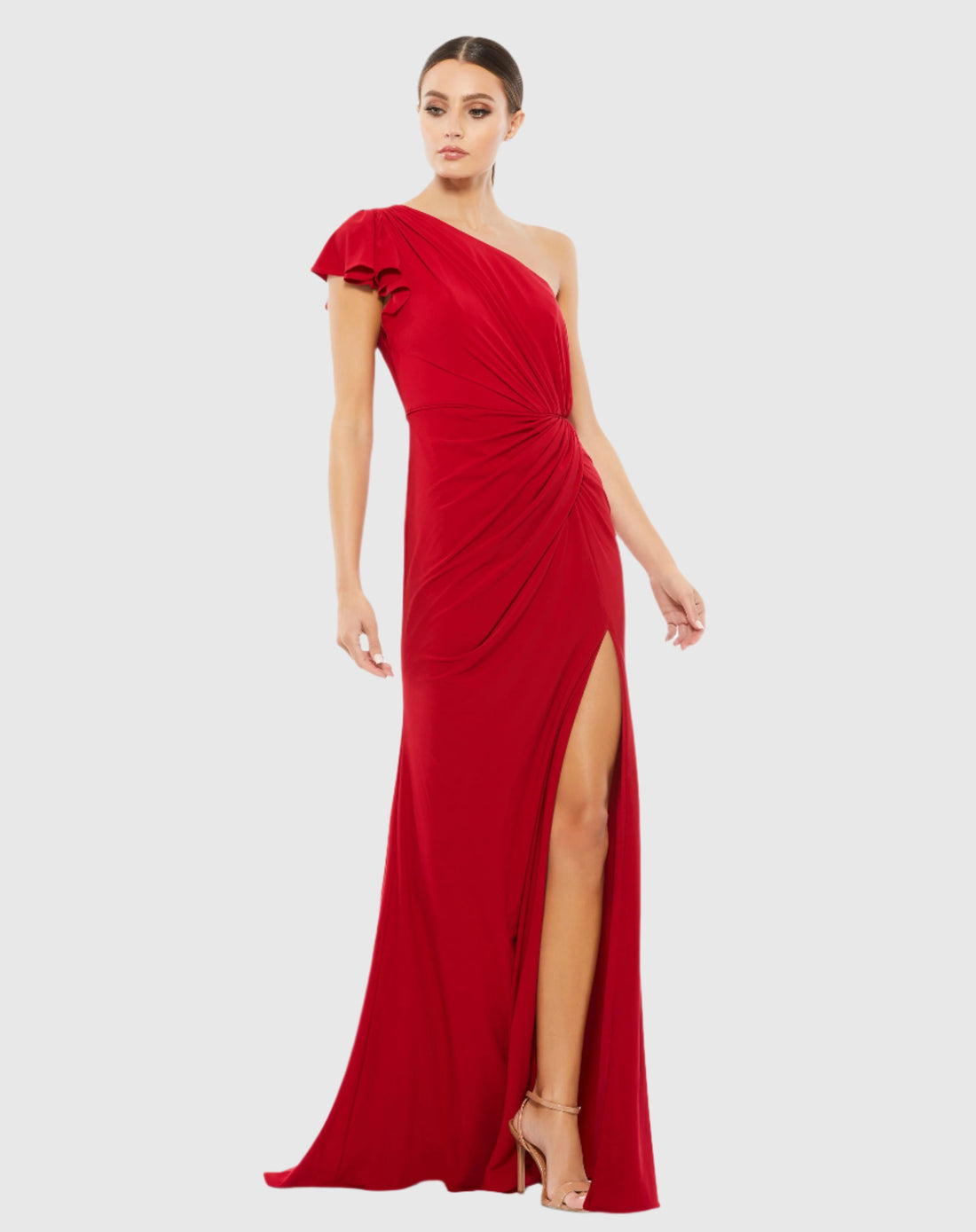 Ruffled One Shoulder Draped Gown