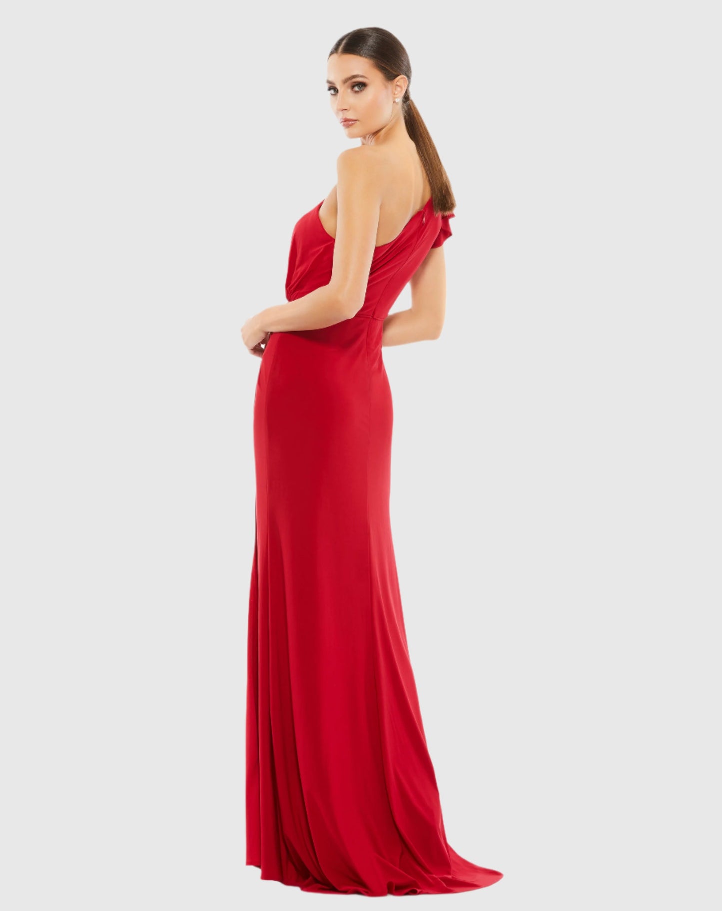 Ruffled One Shoulder Draped Gown