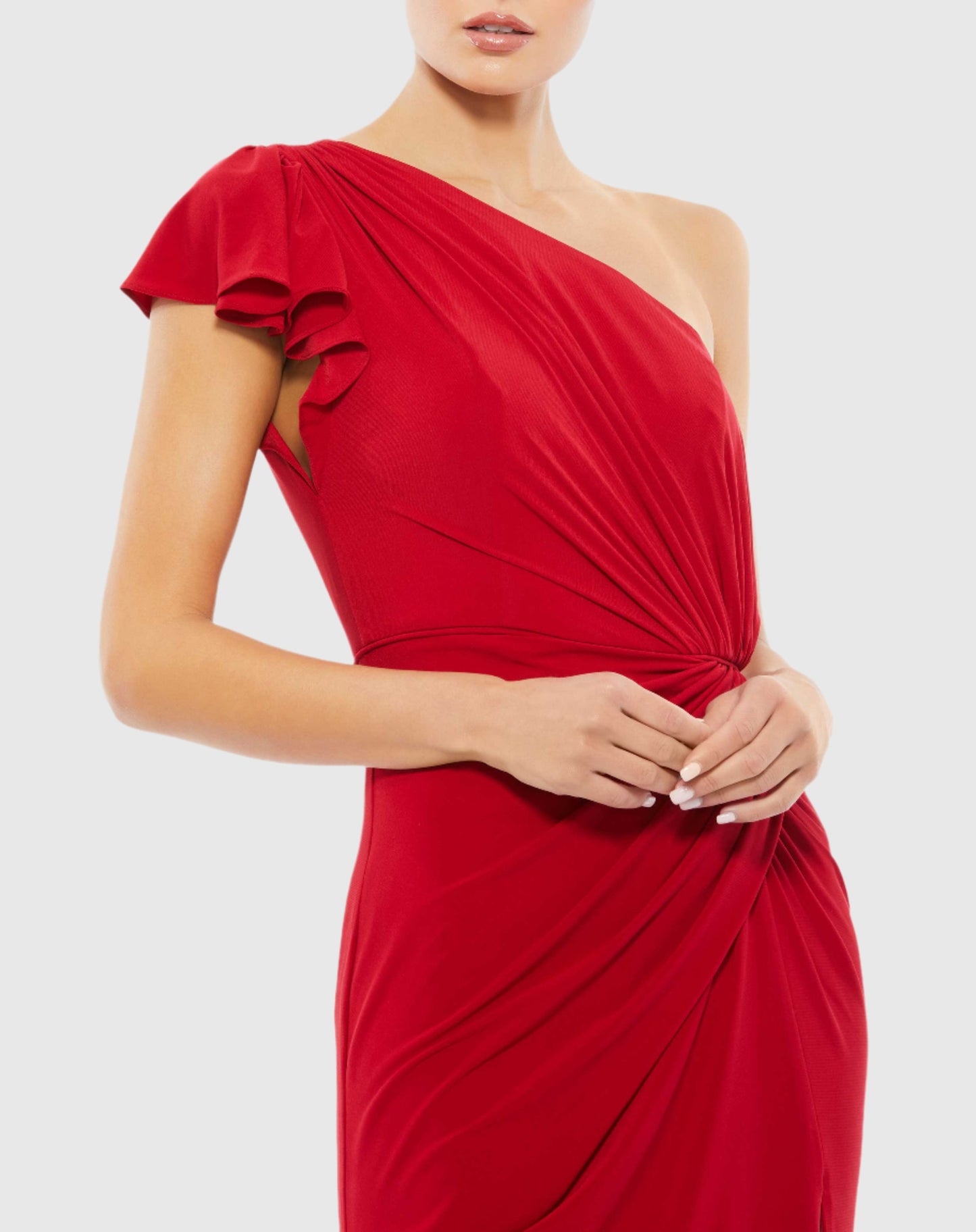 Ruffled One Shoulder Draped Gown