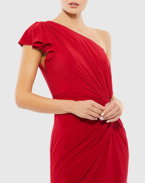 Ruffled One Shoulder Draped Gown