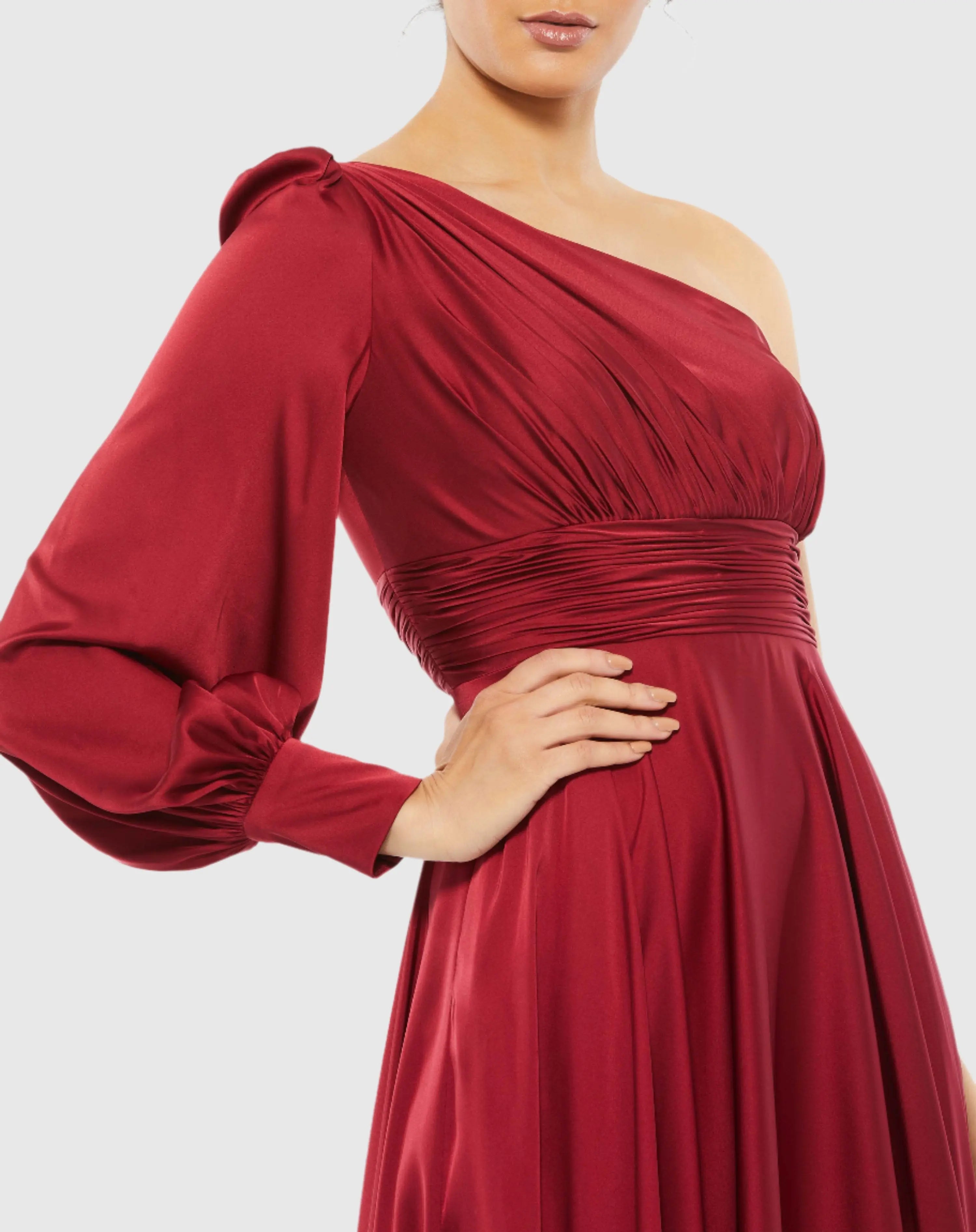 Red One Shoulder Bishop Sleeve Flowy Gown - Mac Duggal