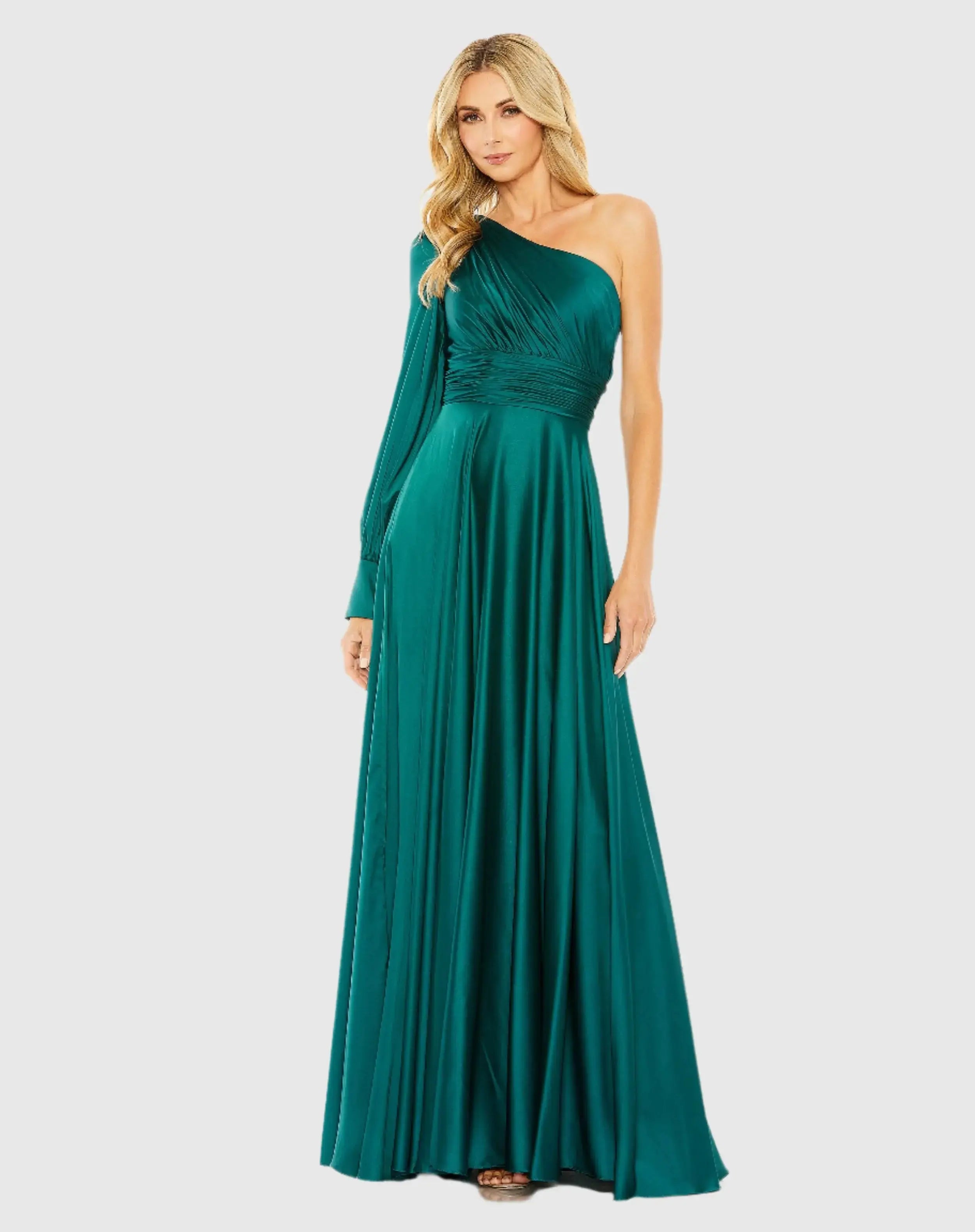 Green One Shoulder Bishop Sleeve Flowy Gown Ieena for Mac Duggal