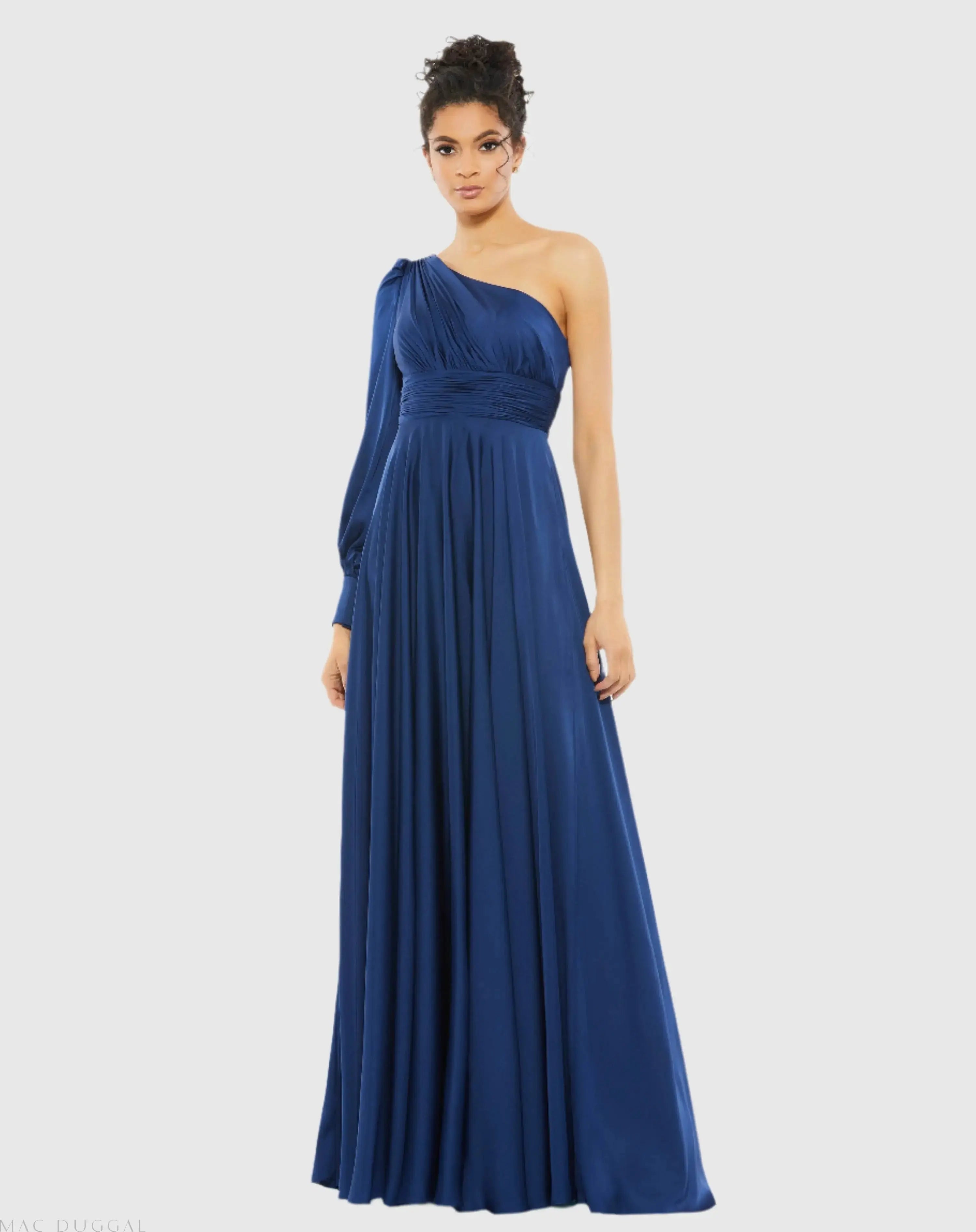 Navy One Shoulder Bishop Sleeve Flowy Gown - Ieena for Mac Duggal