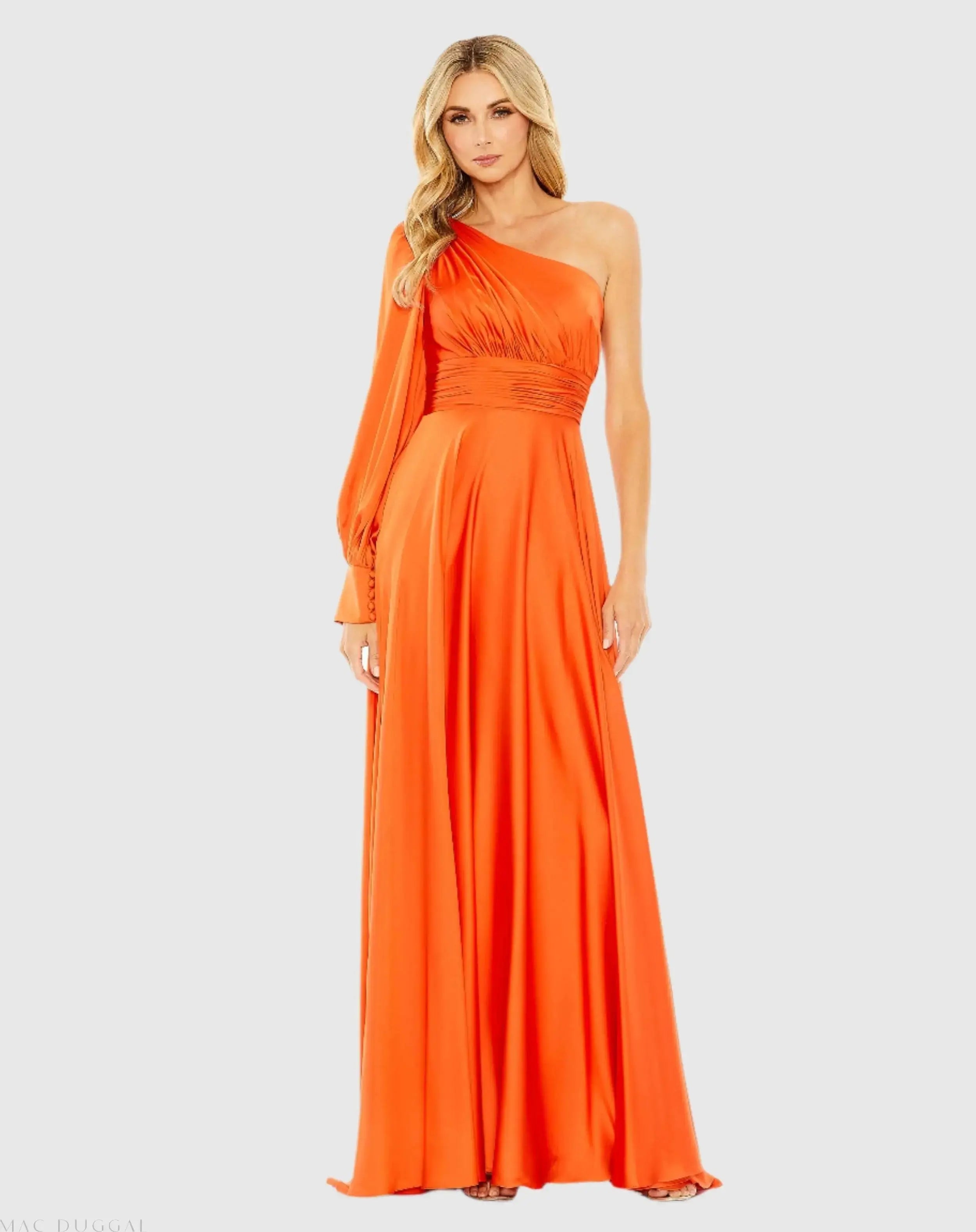 Orange One Shoulder Bishop Sleeve Flowy Gown Ieena for Mac Duggal 