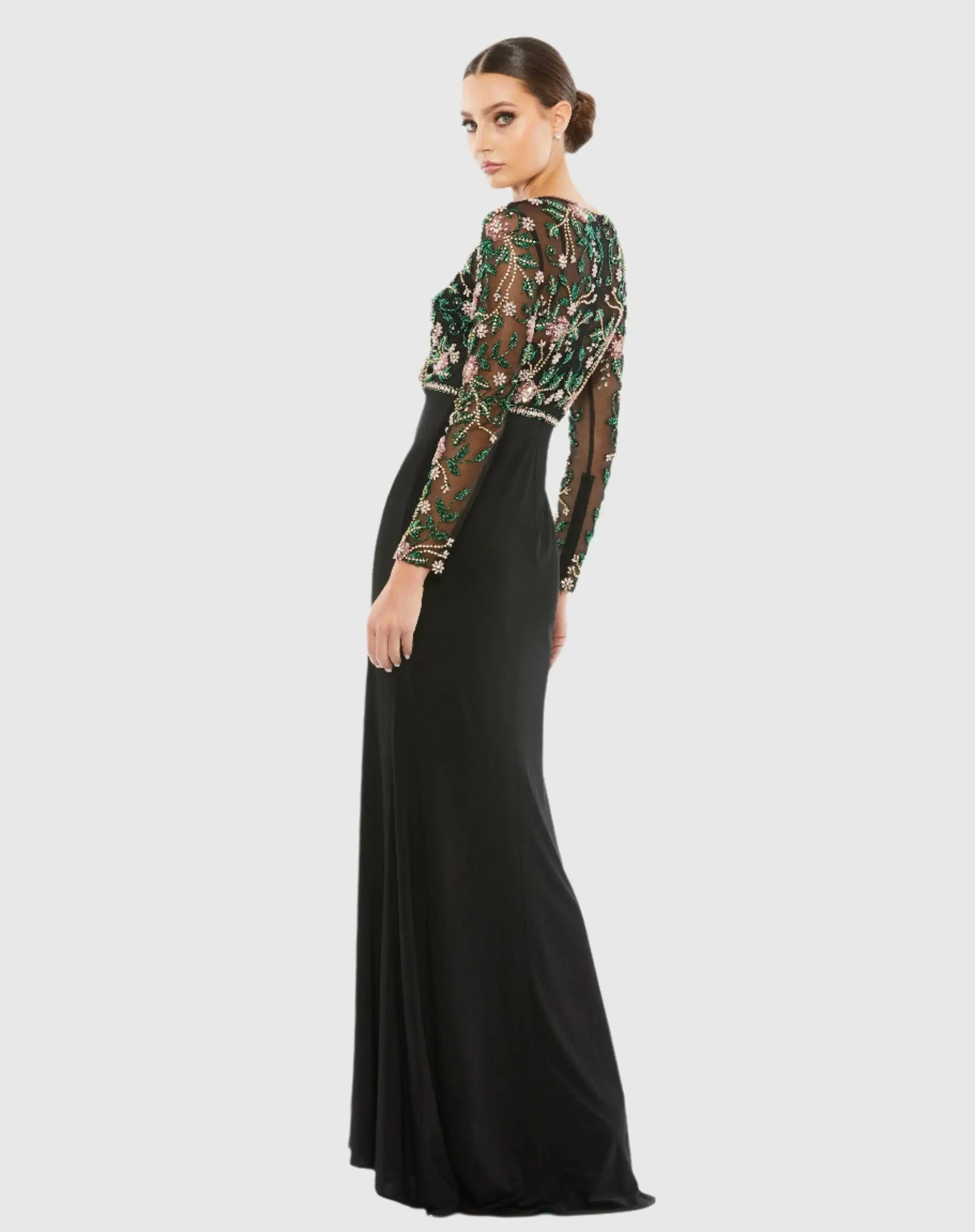 illusion neckline beaded dress in black rosegold Black Beaded Illusion High Neck Trumpet Gown
