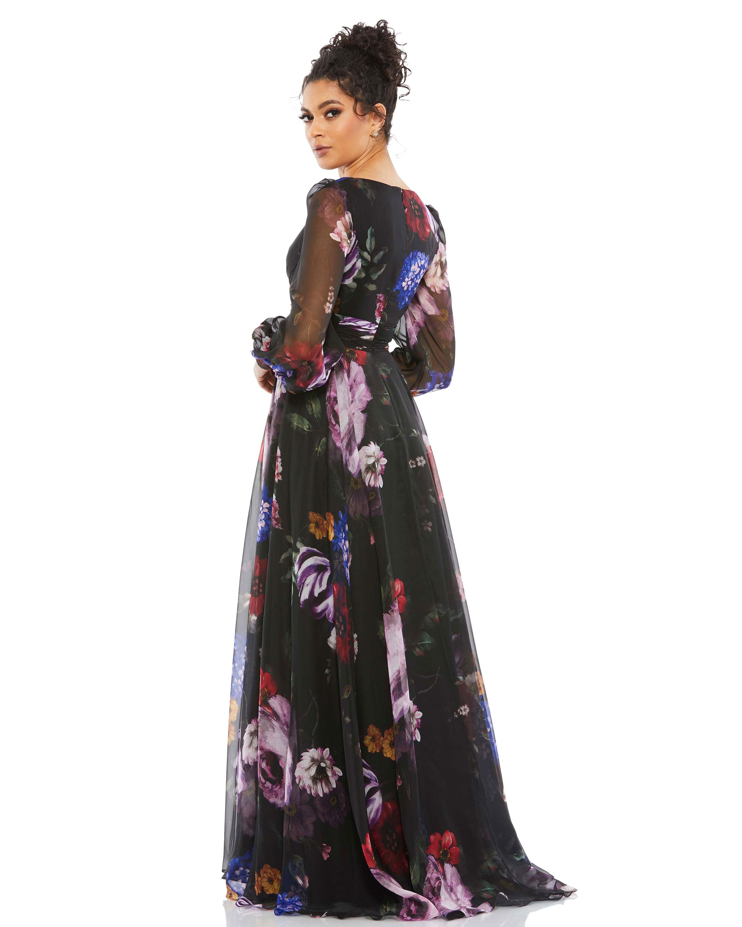 Floral Print Chiffon Long Sleeve Maxi Dress