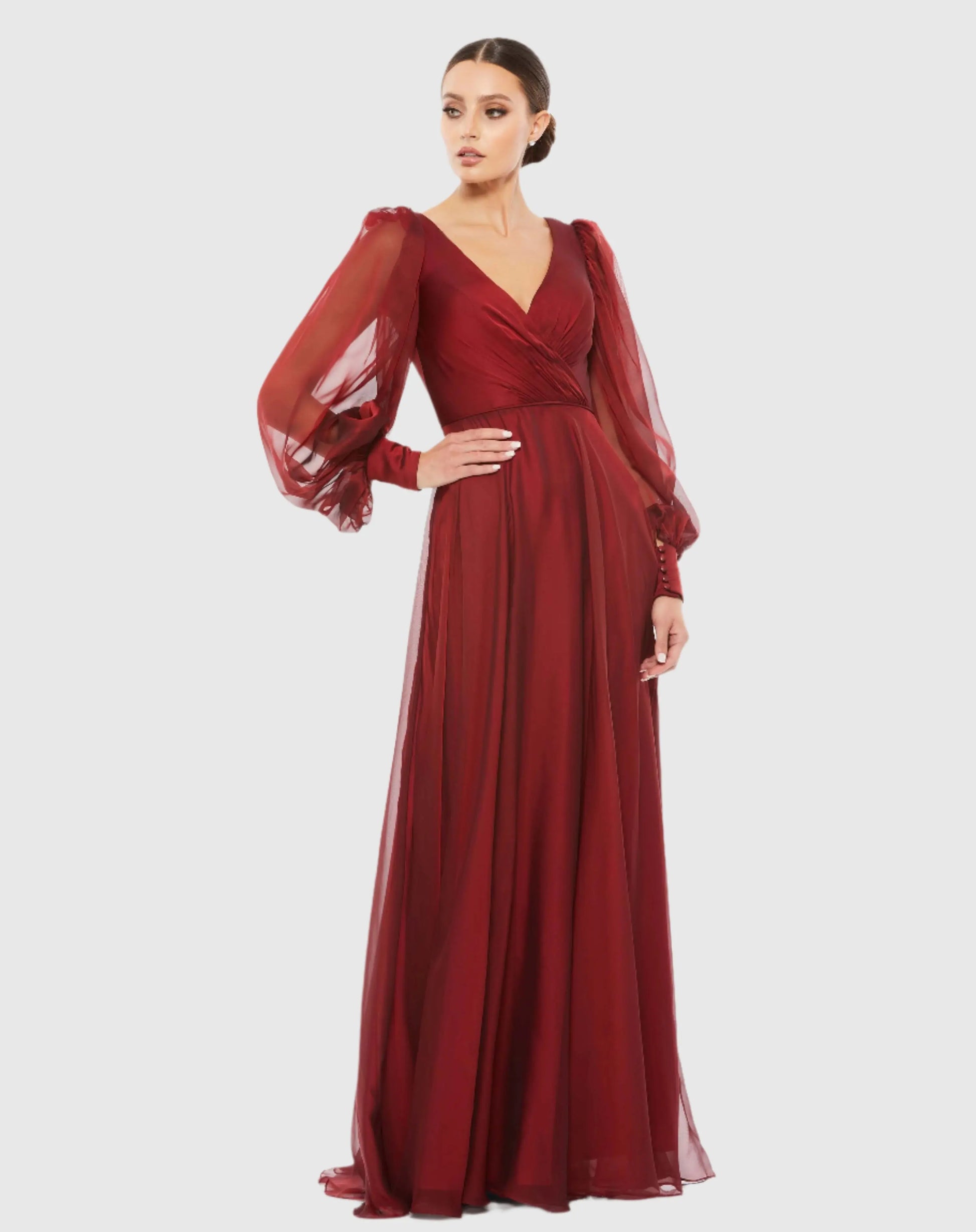 Red Sheer Blouson Sleeve Surplice Gown - Mac Duggal Red Sheer Blouson Sleeve Surplice Gown - Mac Duggal