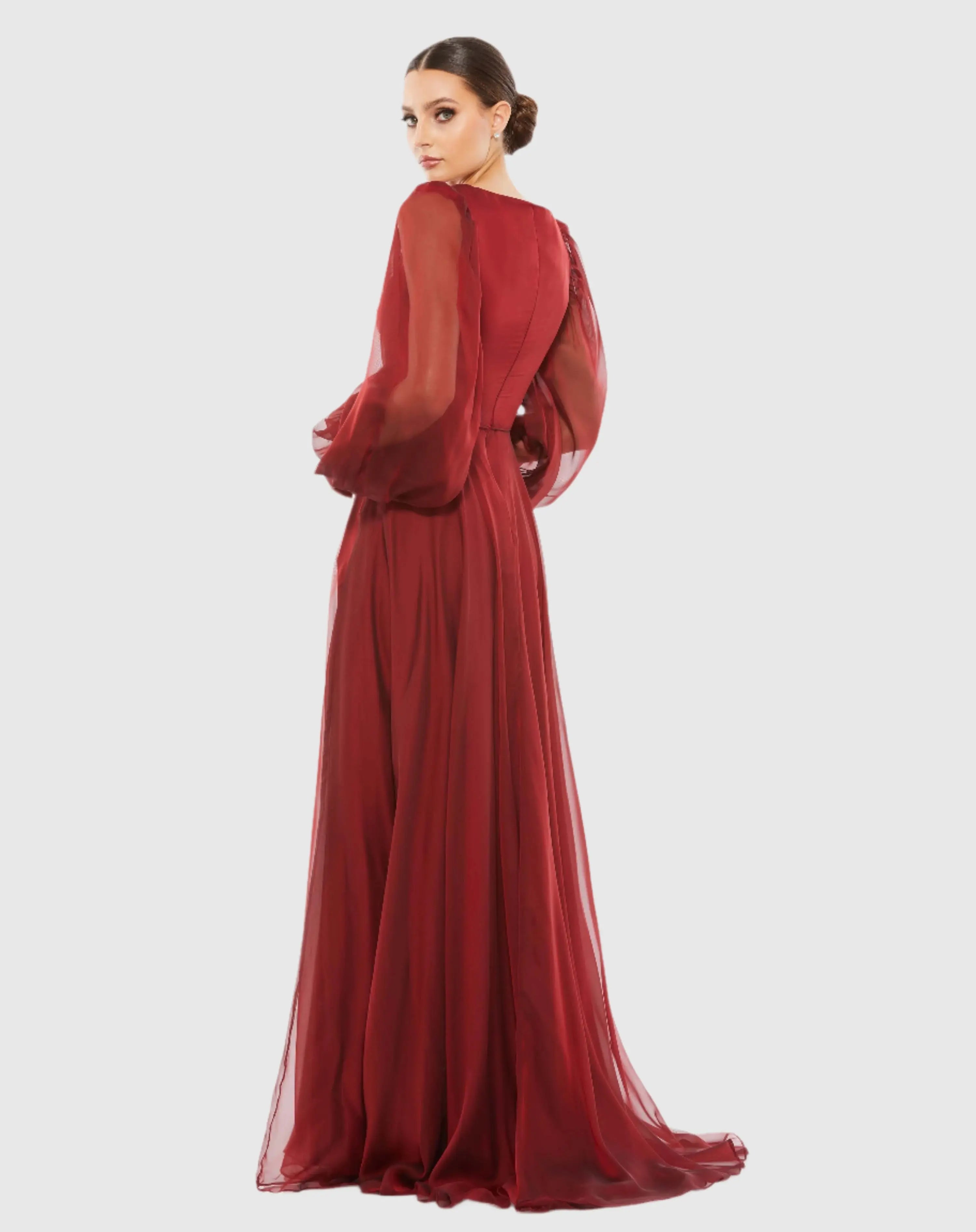 Red Sheer Blouson Sleeve Surplice Gown - Mac Duggal