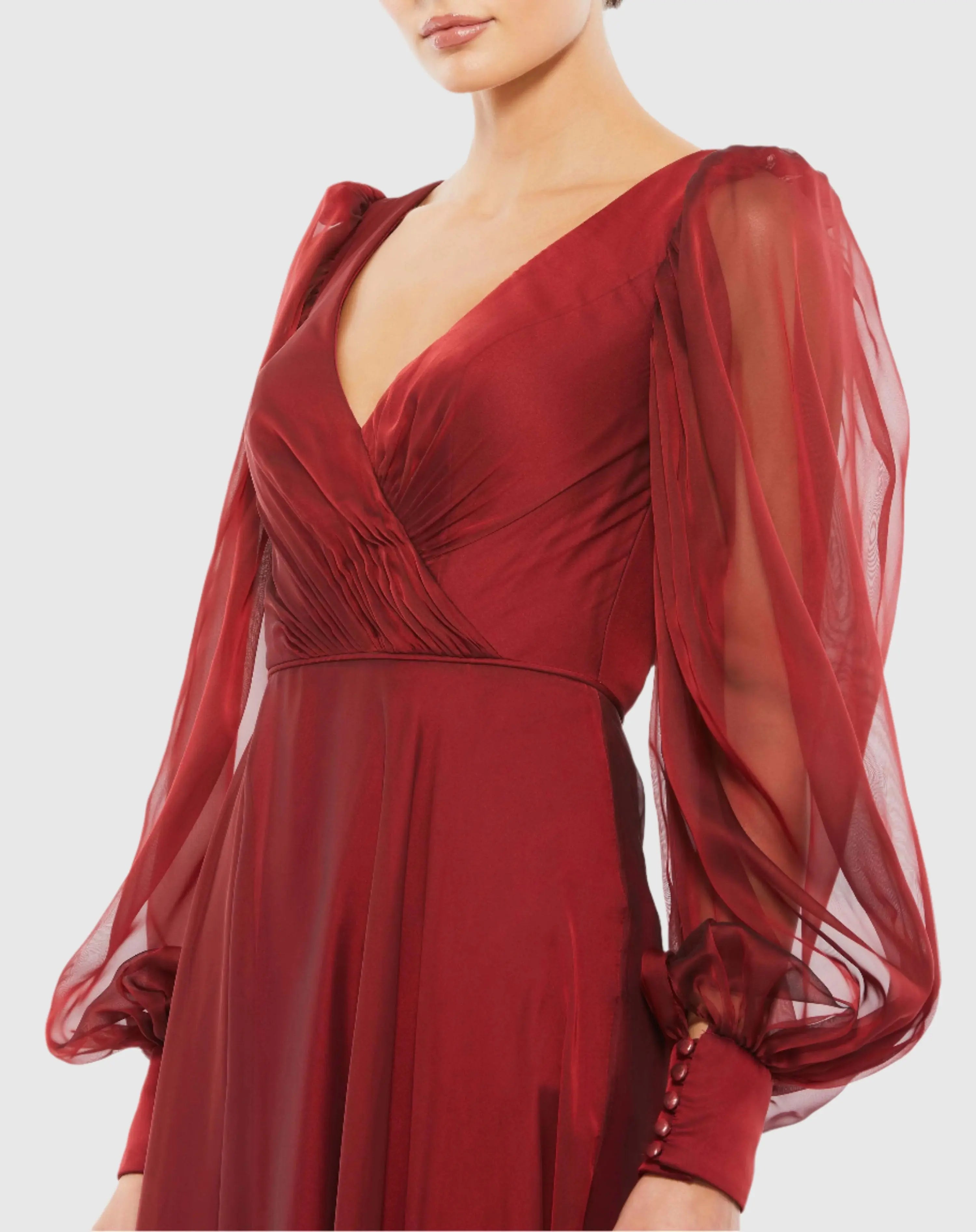 Red Sheer Blouson Sleeve Surplice Gown - Mac Duggal