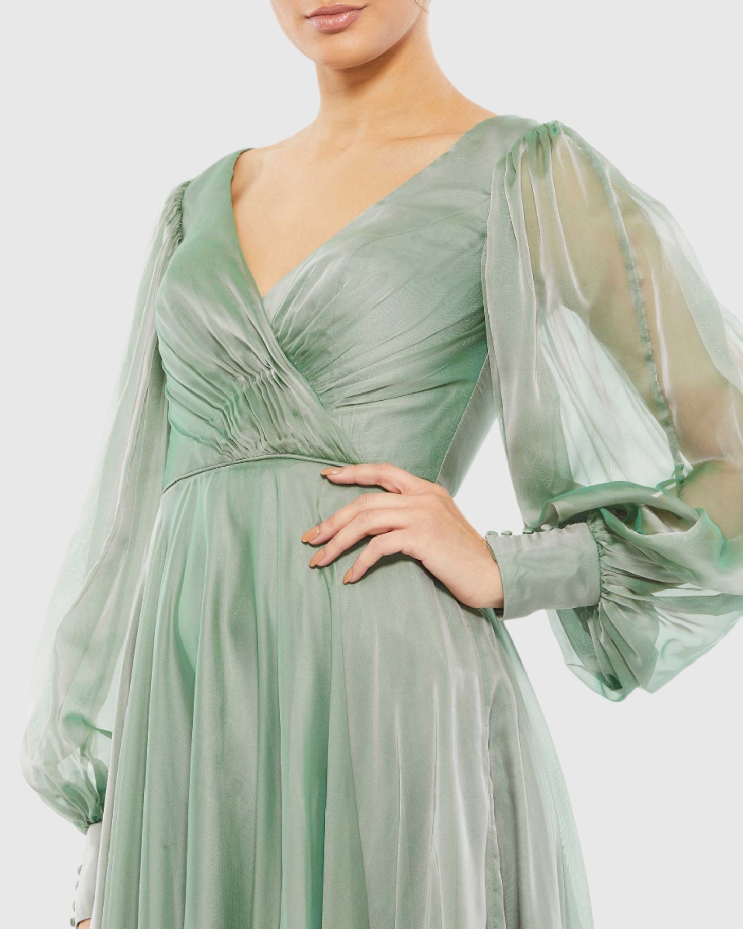 Sheer Blouson Sleeve Surplice Gown