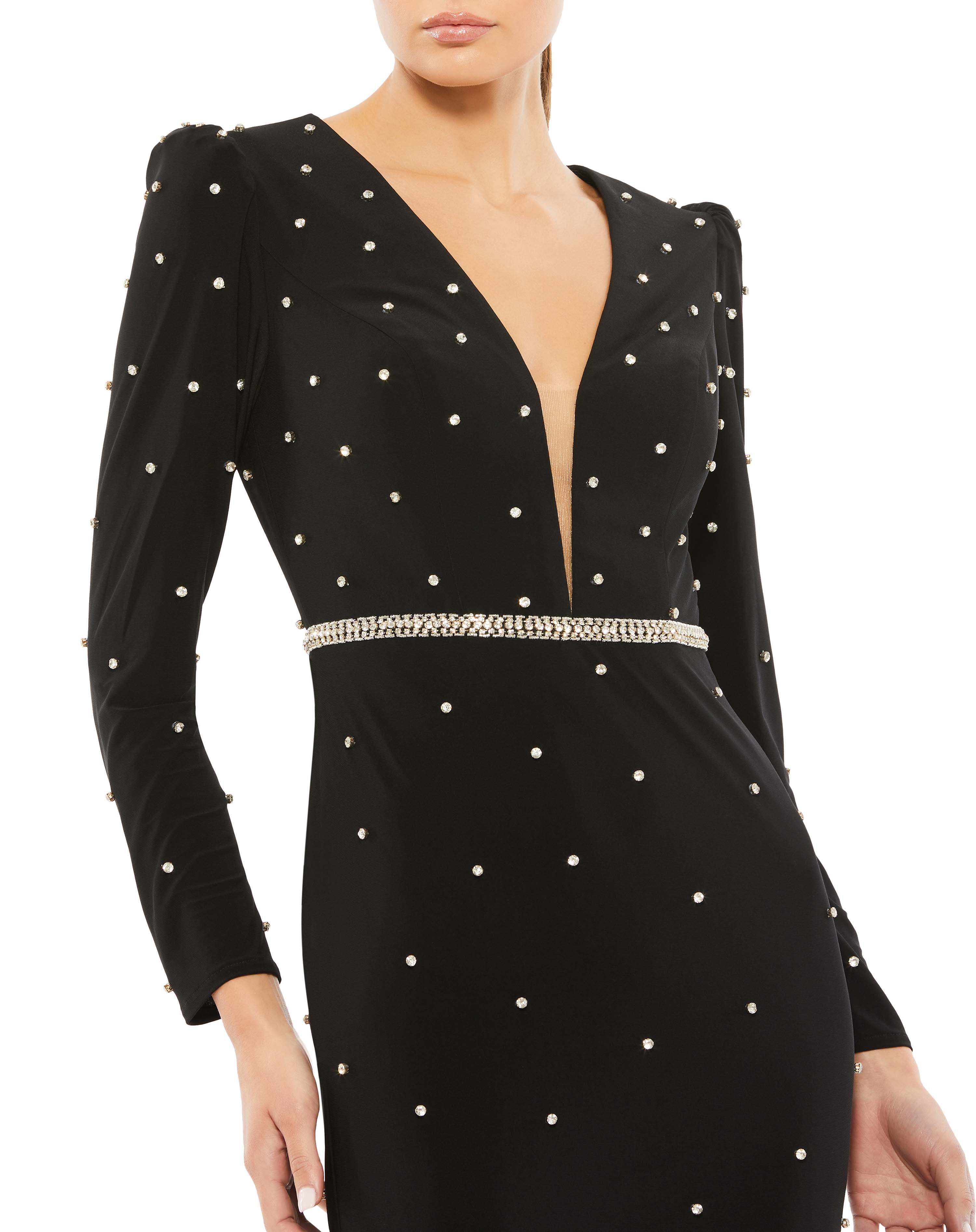 Belted Jewel Encrusted Plunge Neck Long Sleeve Gown