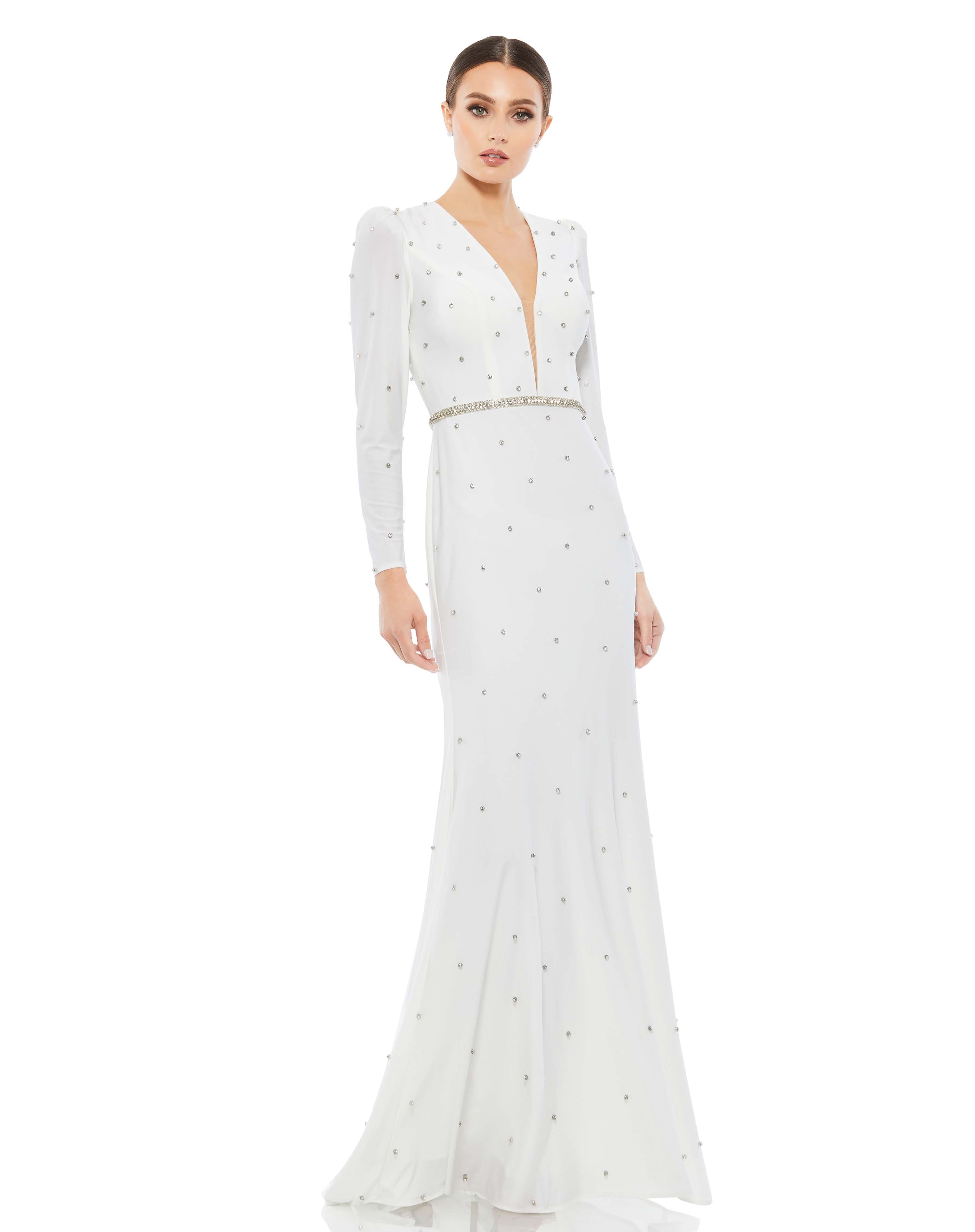 Belted Jewel Encrusted Plunge Neck Long Sleeve Gown