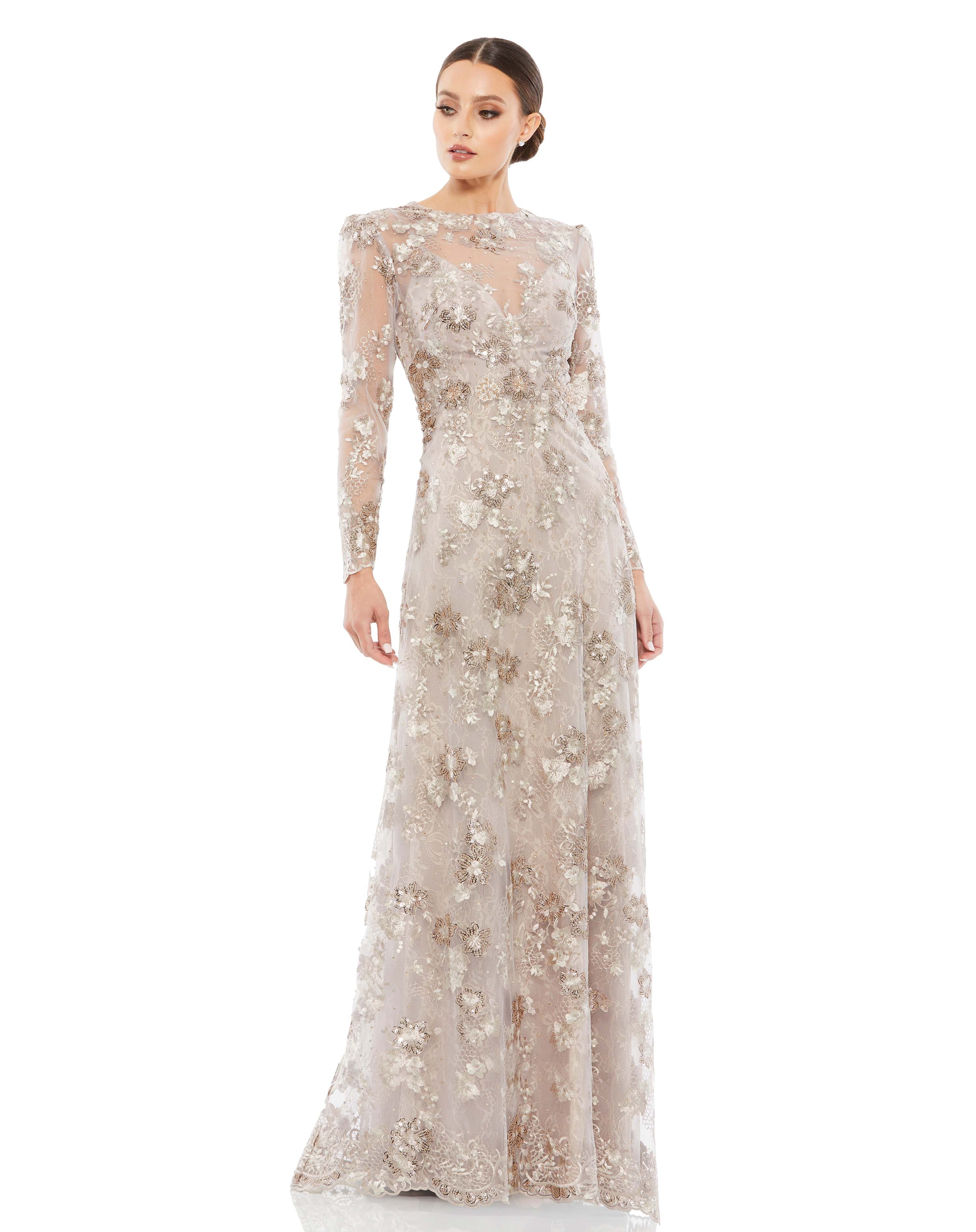 Floral Embroidered Illusion Long Sleeve Evening Gown