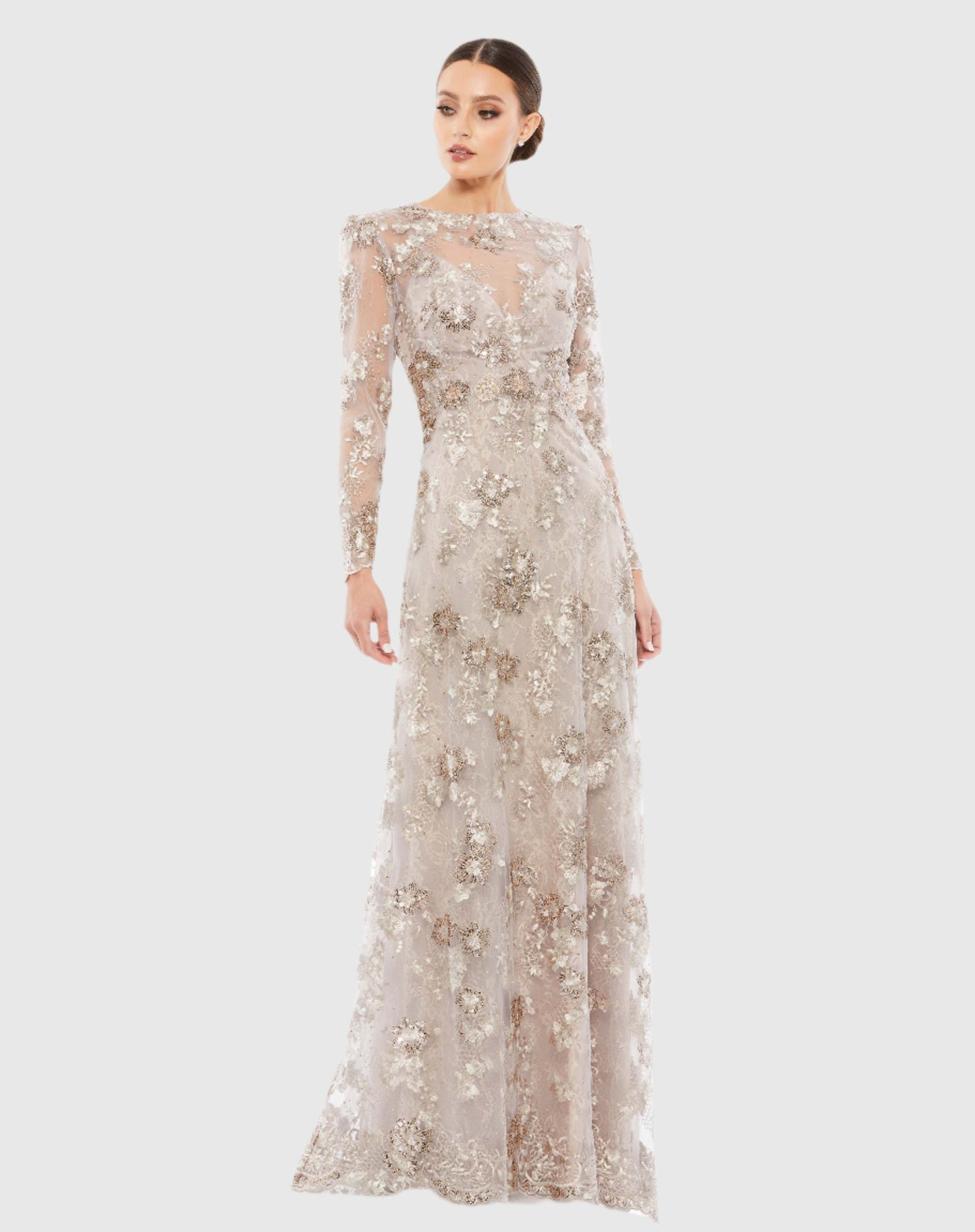 Floral Embroidered Illusion Long Sleeve Evening Gown