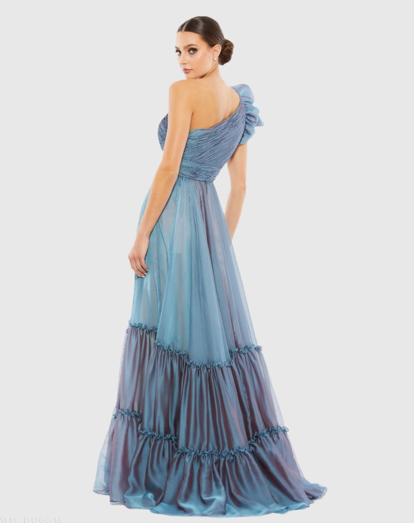 Blue Organza One Shoulder Pleated Gown - Mac Duggal