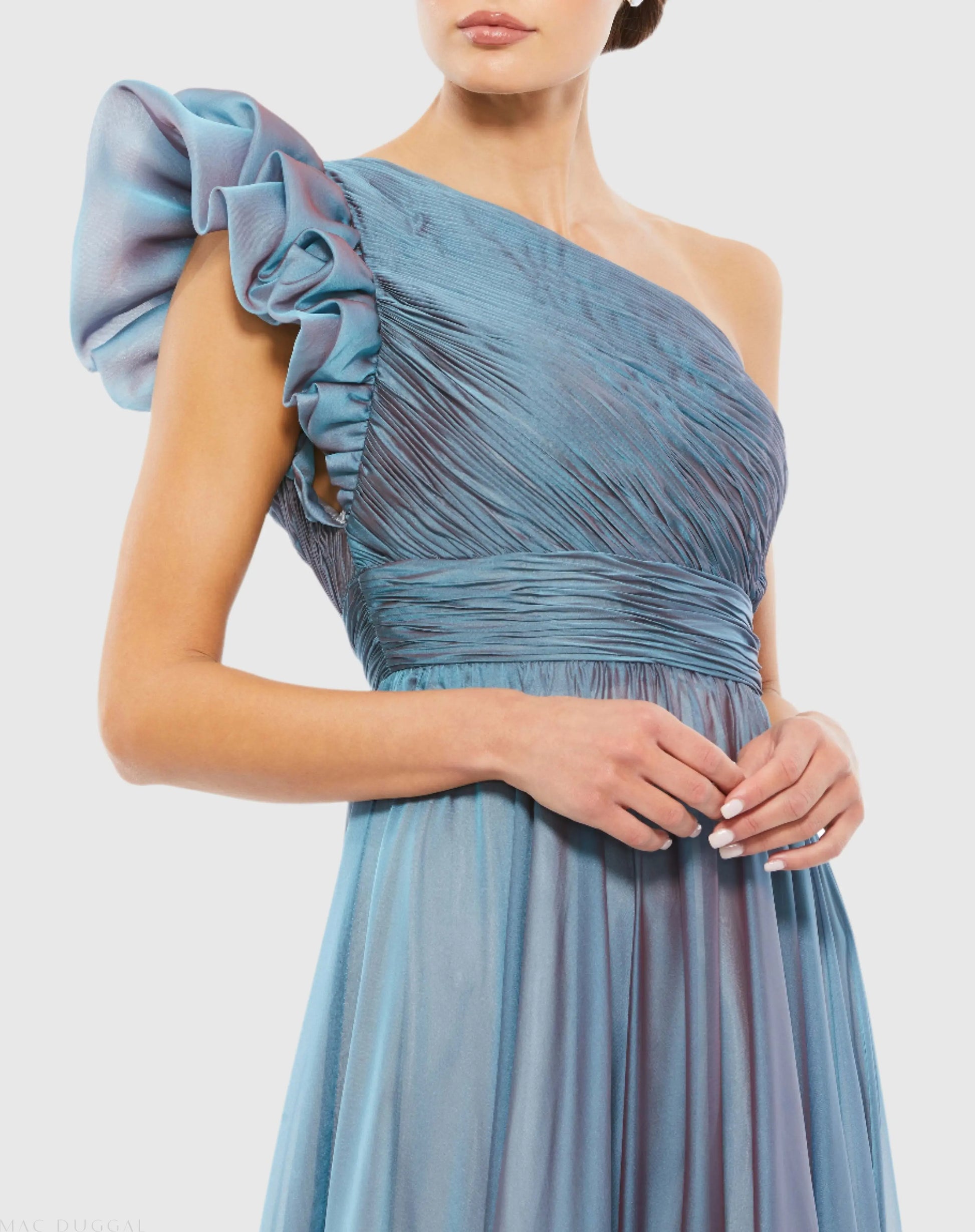 Blue Organza One Shoulder Pleated Gown - Mac Duggal