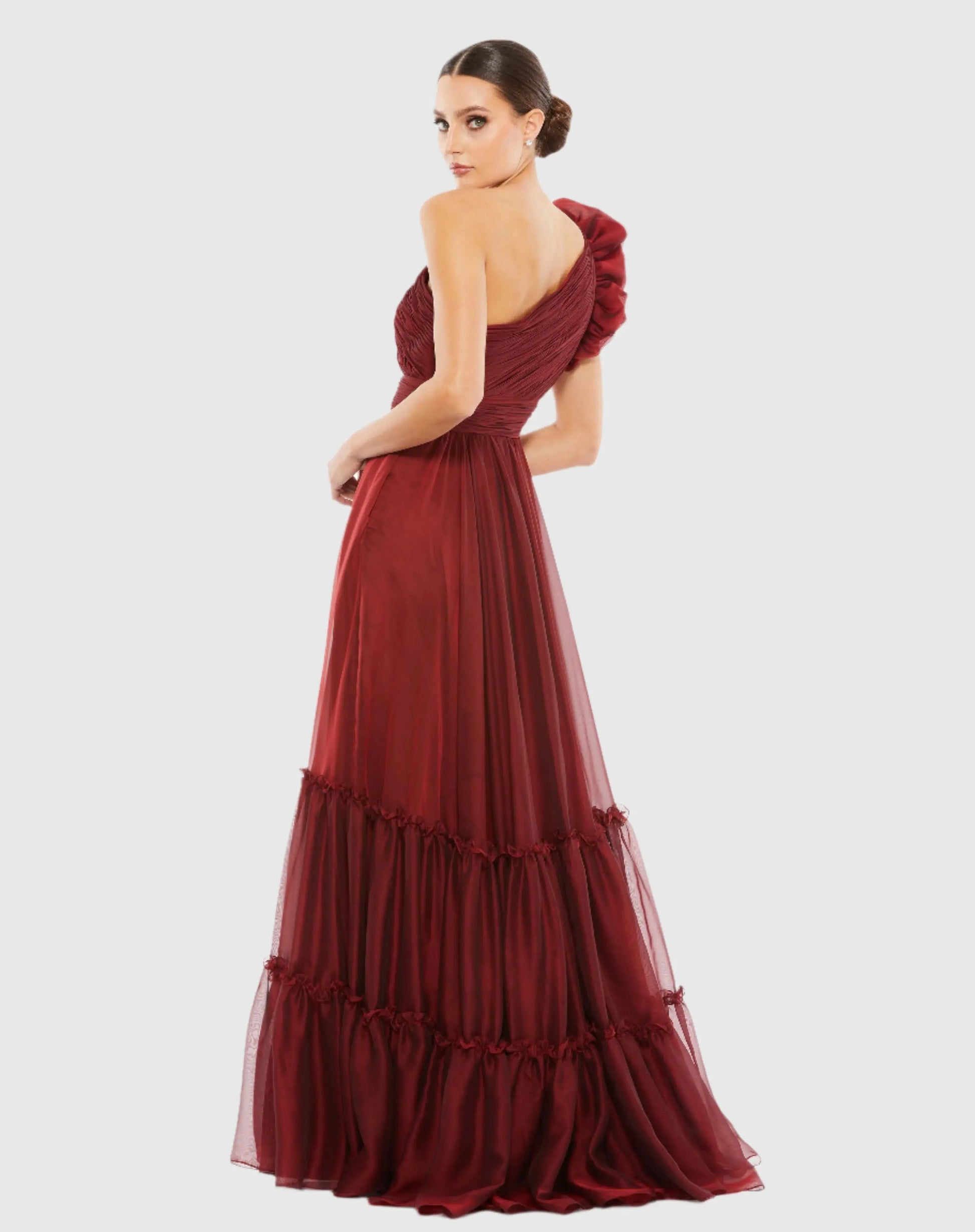 Red Organza One Shoulder Pleated Gown - Mac Duggal