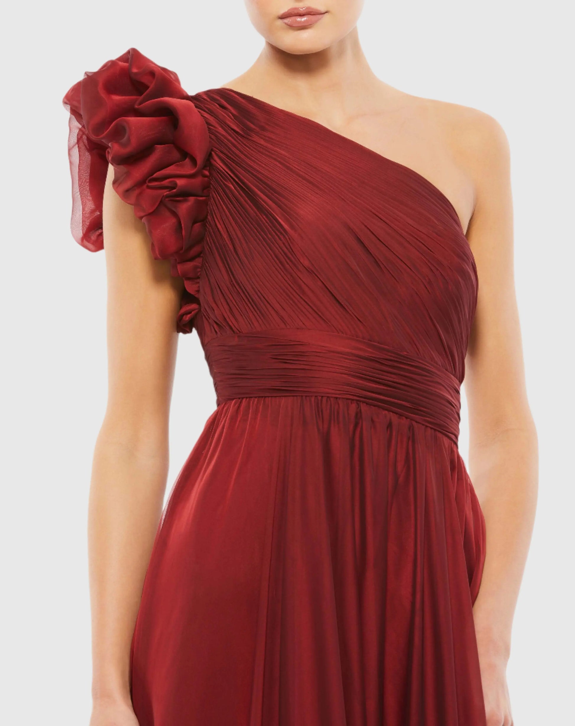 Red Organza One Shoulder Pleated Gown - Mac Duggal