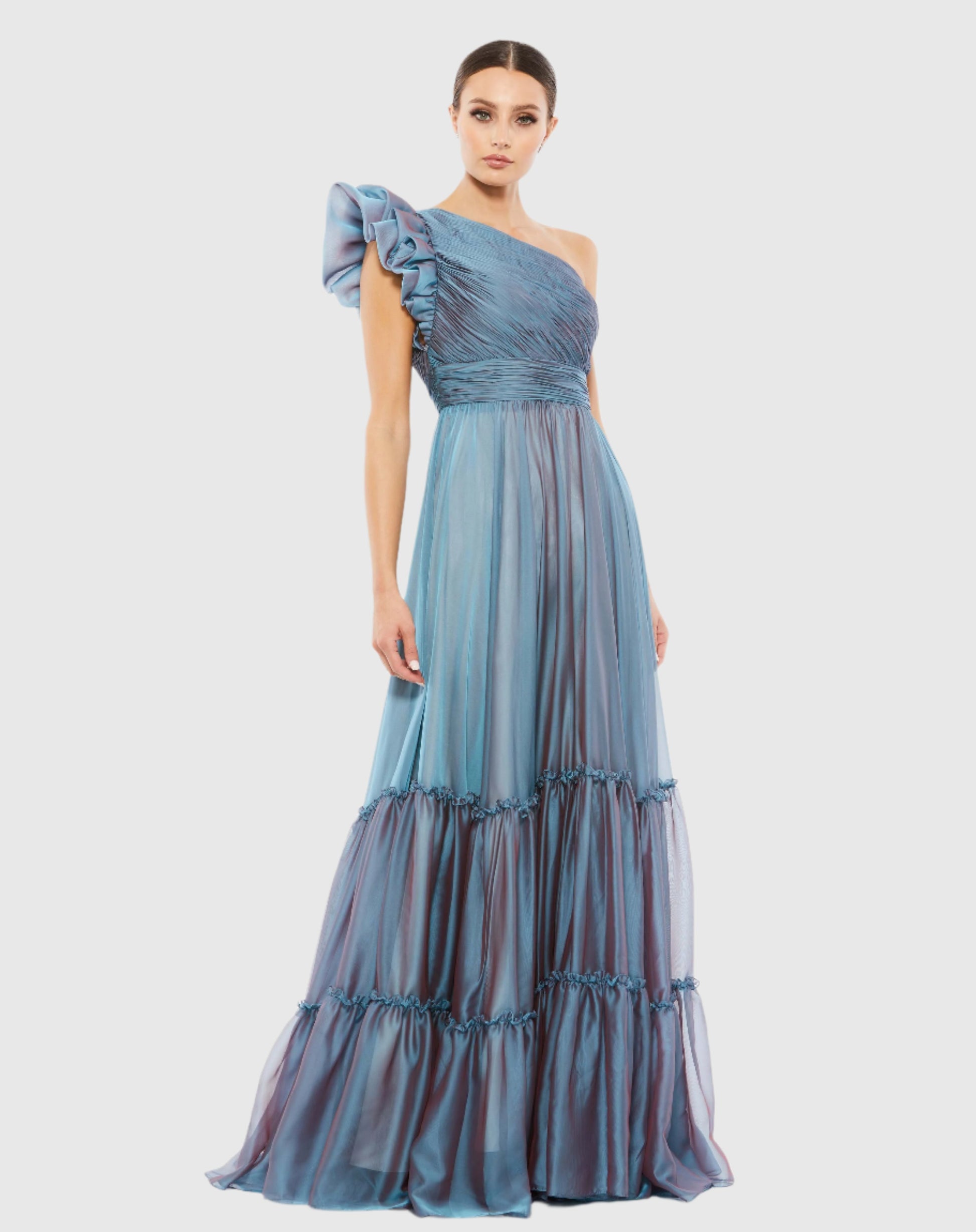 Organza One-Shoulder Pleated Gown