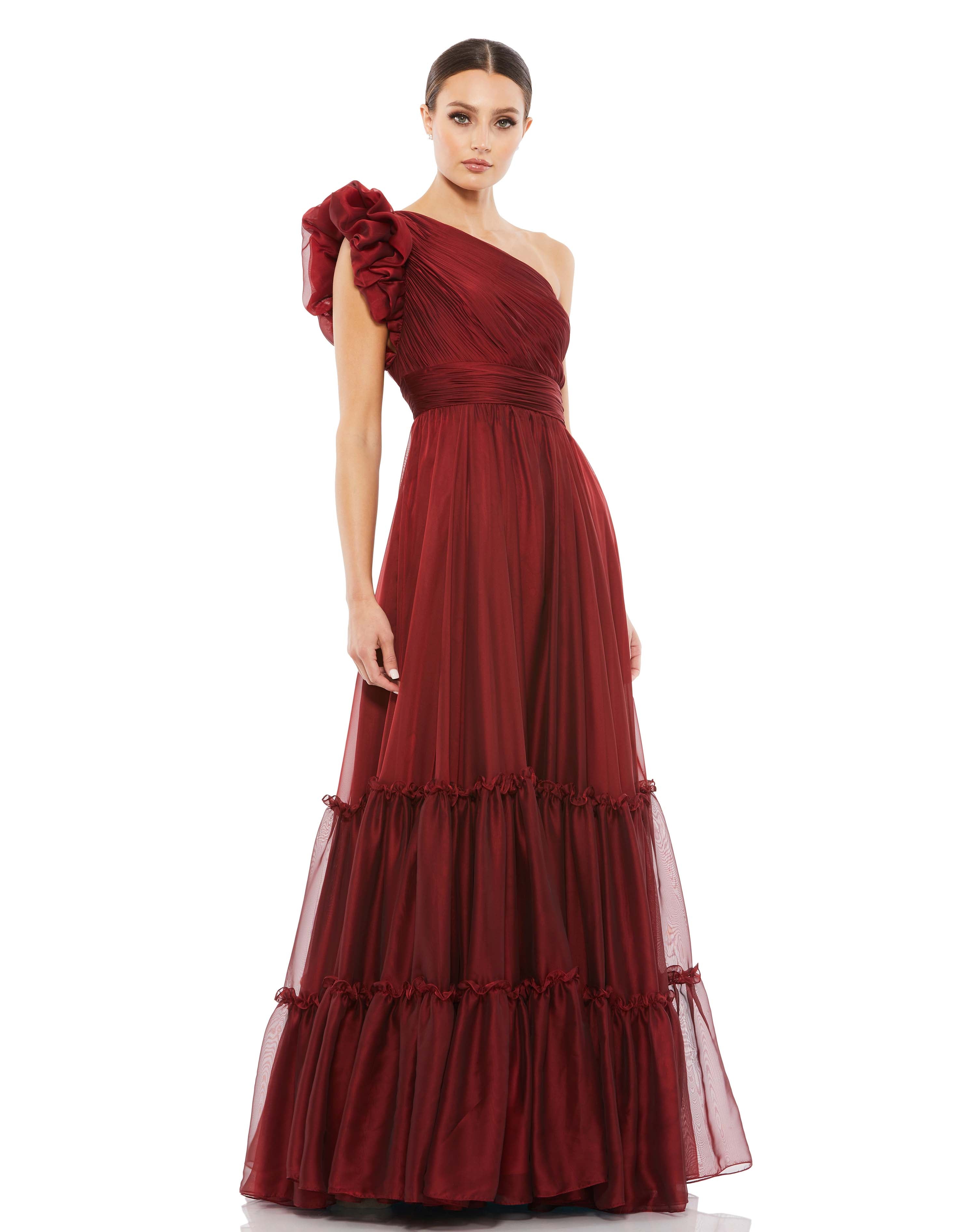 Organza One-Shoulder Pleated Gown