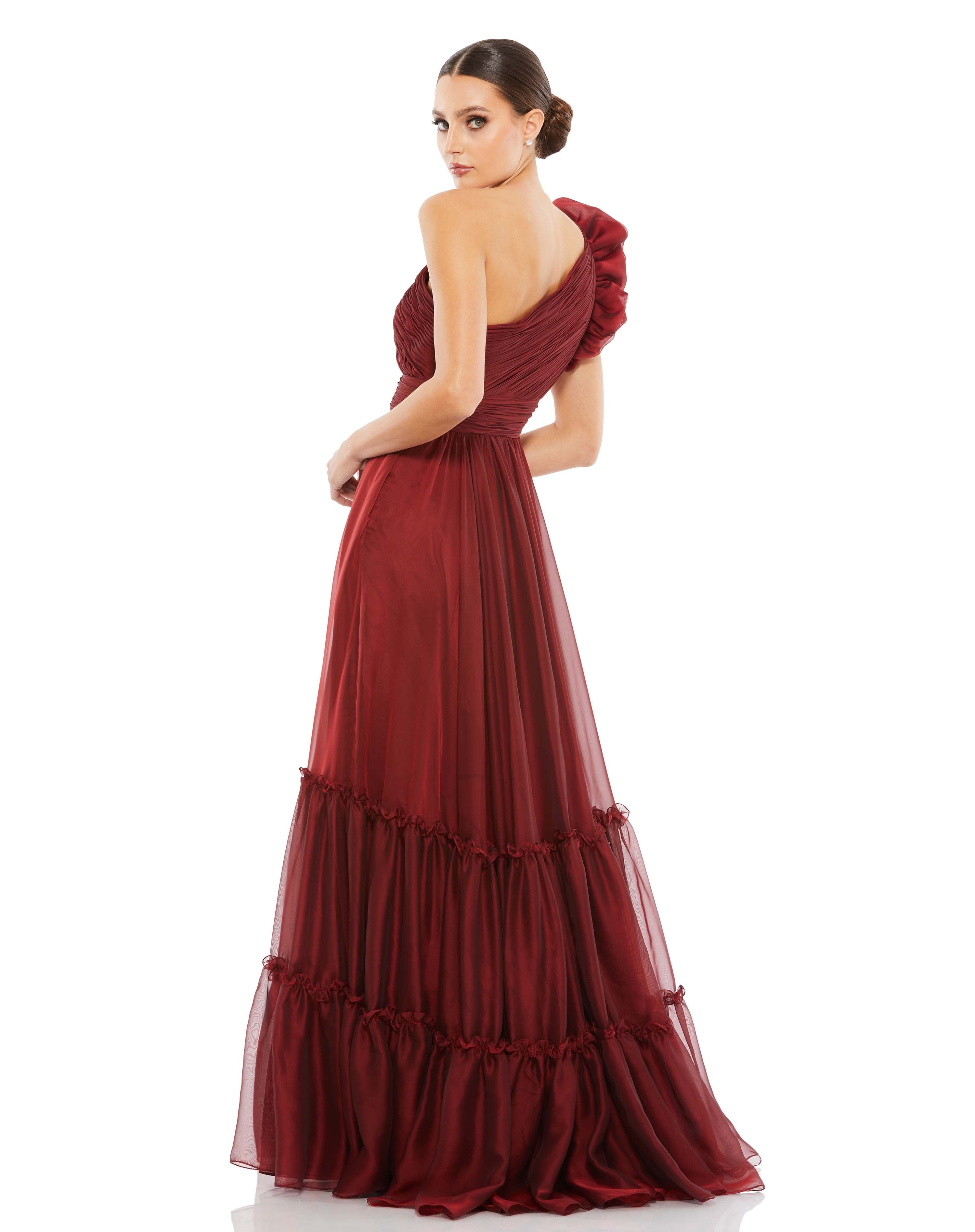 Organza One-Shoulder Pleated Gown