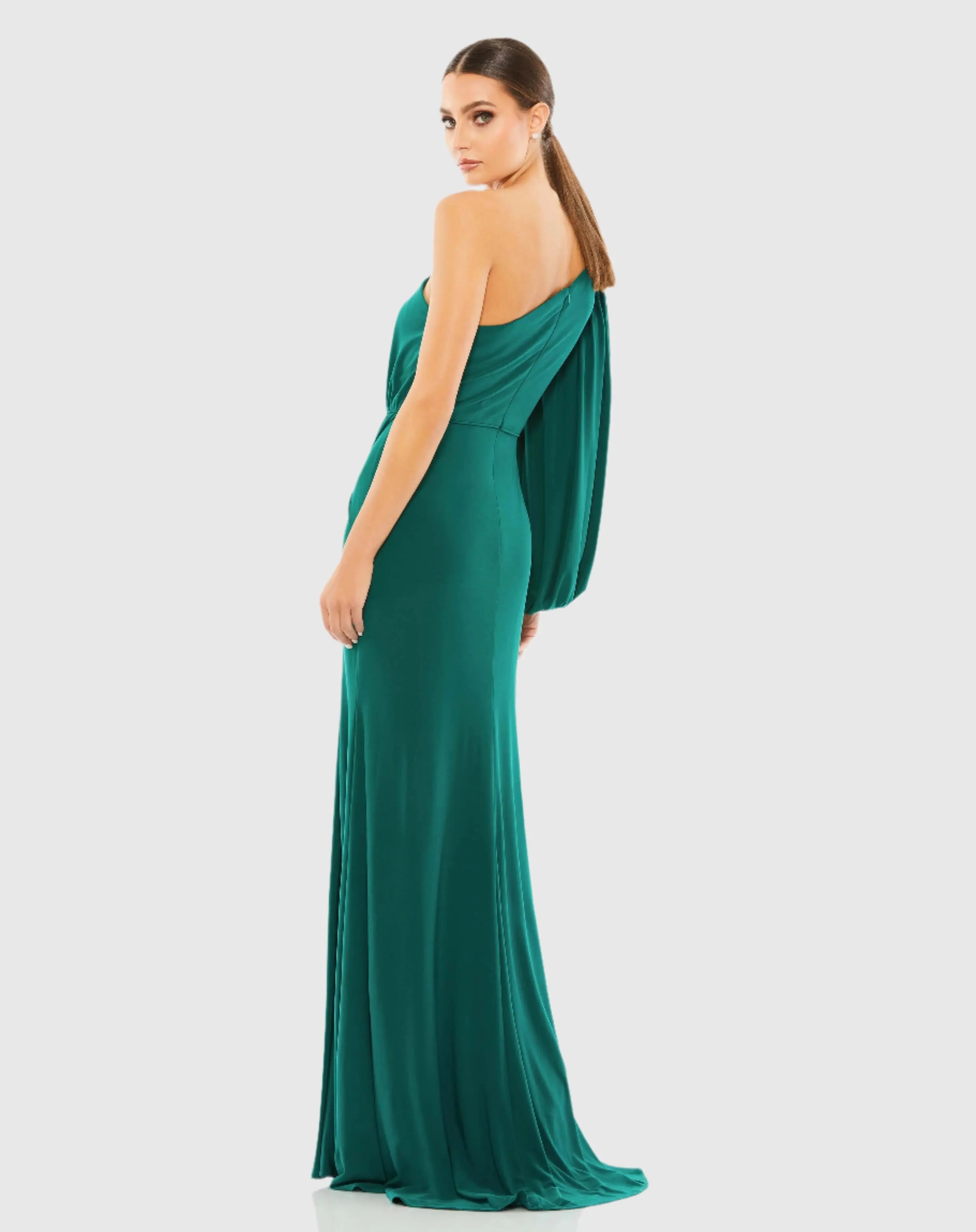 Green One Shoulder Puff Sleeve Faux Wrap Gown - Ieena for Mac Duggal