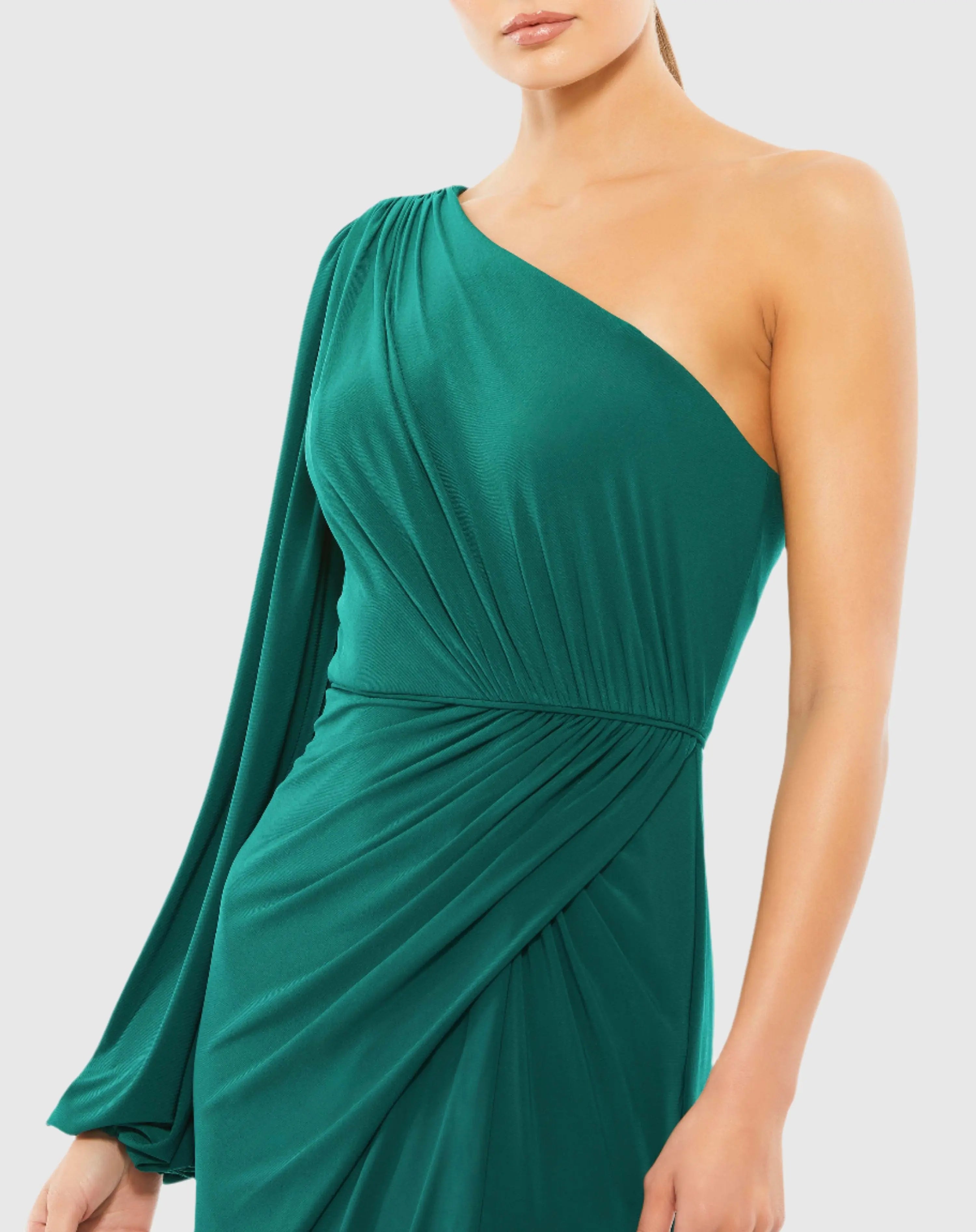 Green One Shoulder Puff Sleeve Faux Wrap Gown - Ieena for Mac Duggal