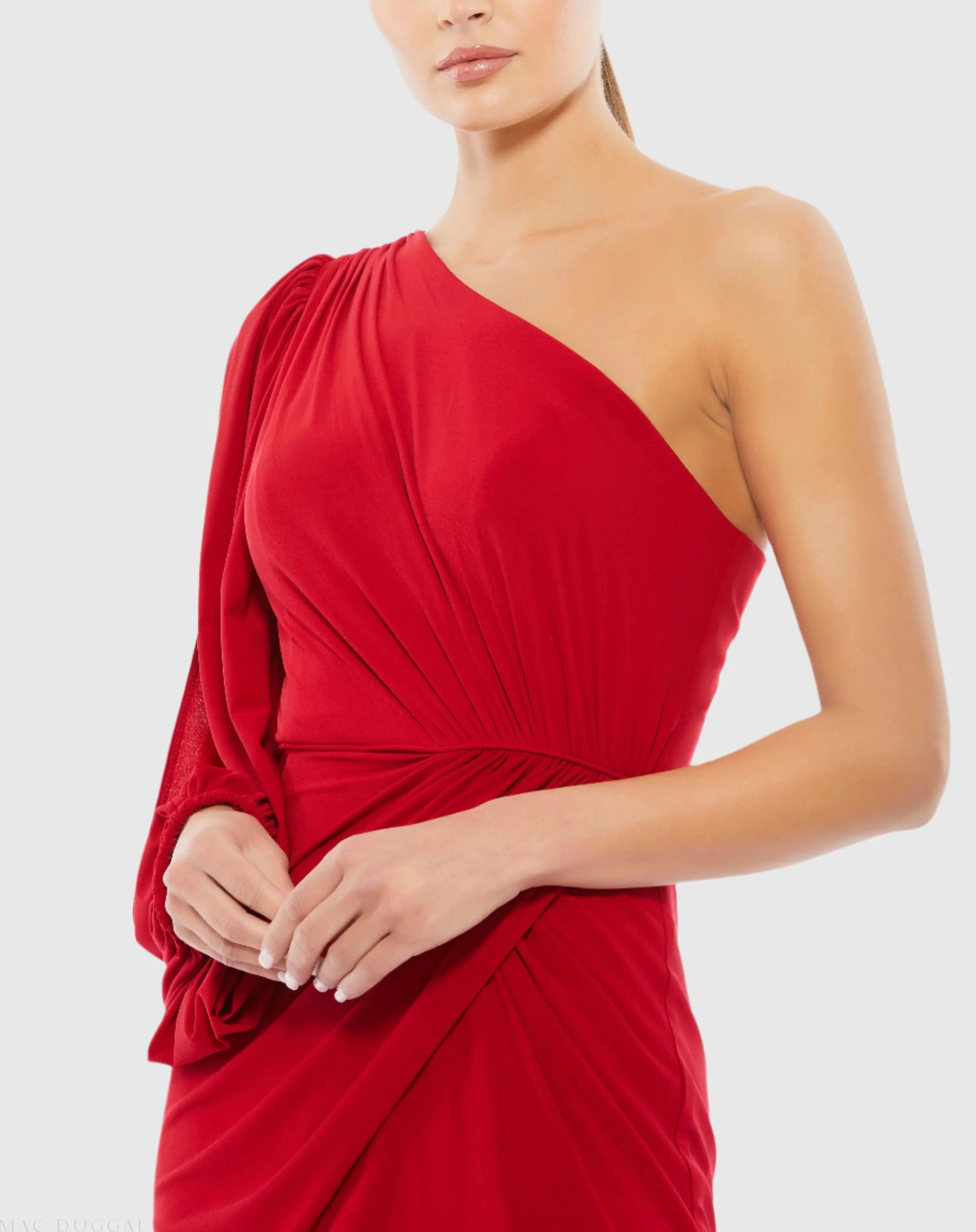 Red One Shoulder Puff Sleeve Faux Wrap Gown - Ieena for Mac Duggal