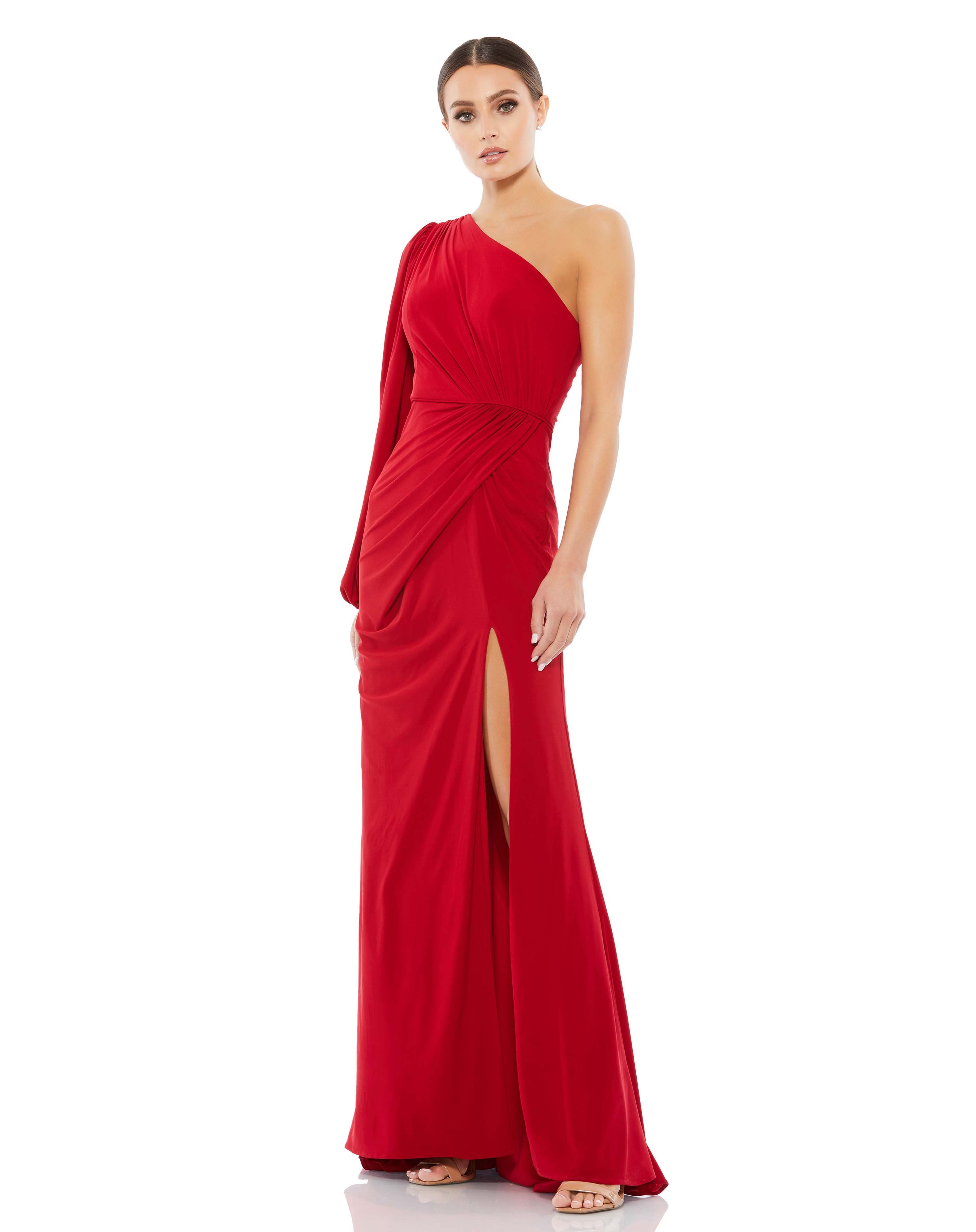 One Shoulder Puff Sleeve Faux Wrap Gown