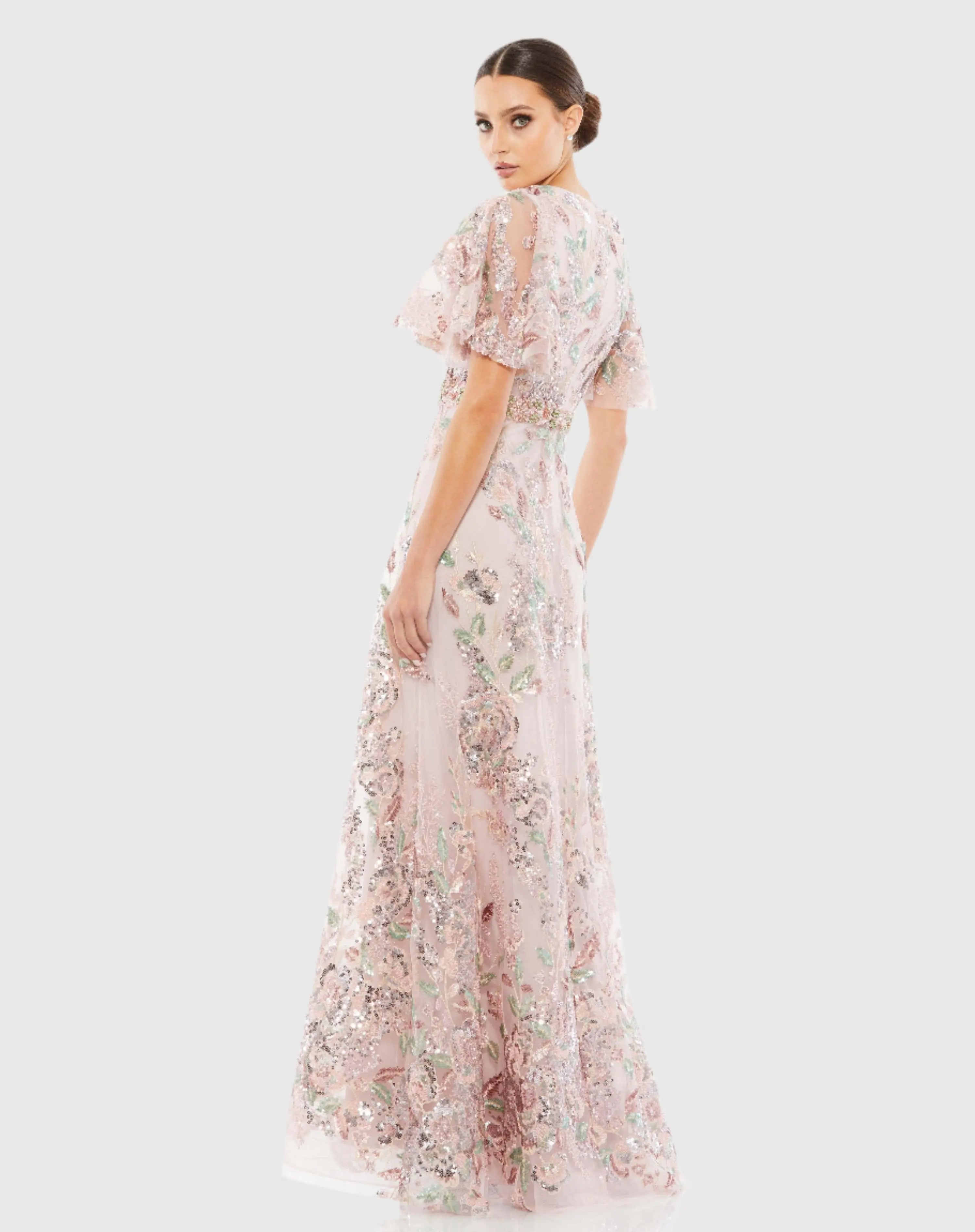 Pink Floral Embellished Short Sleeve Gown - Mac Duggal