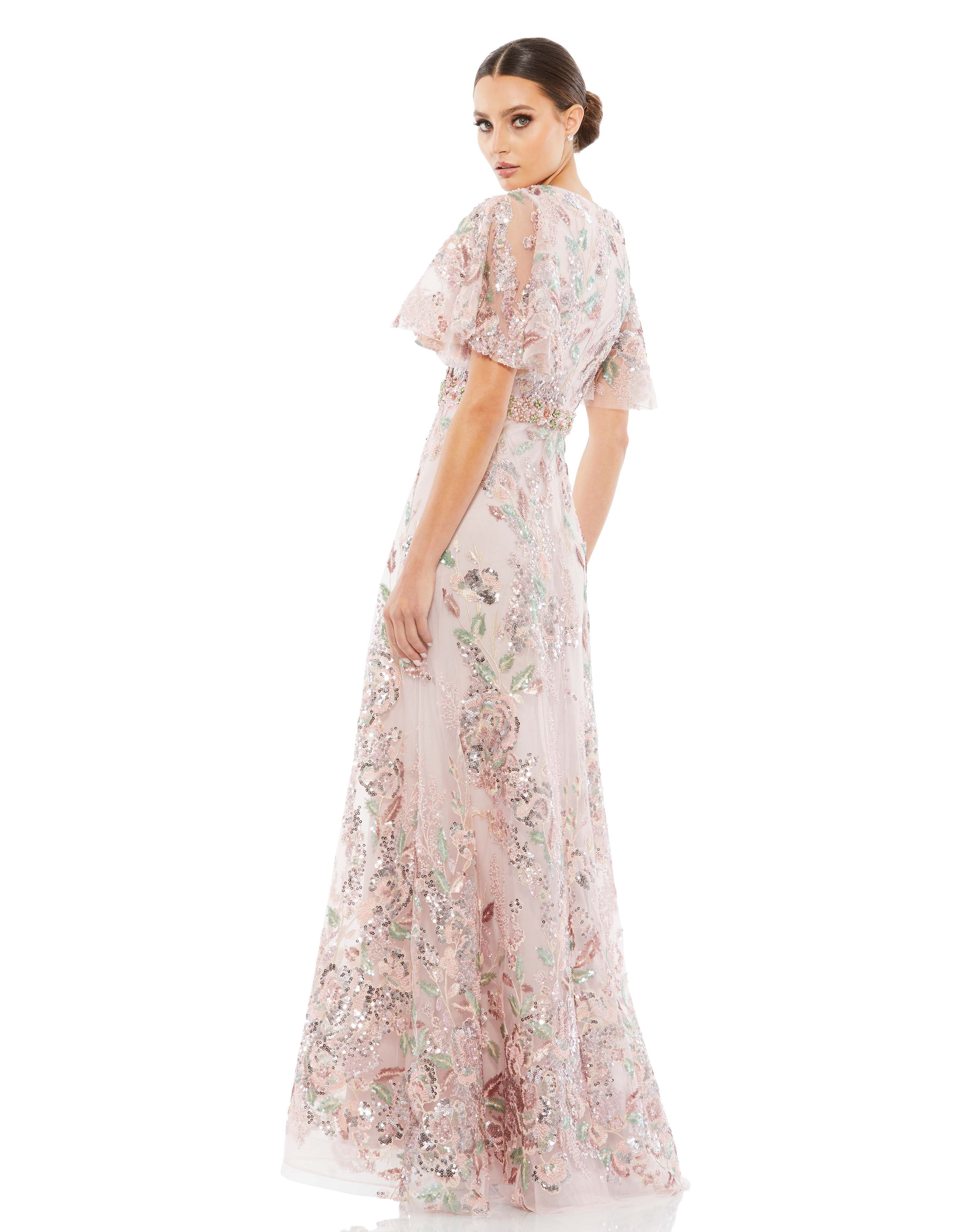 Floral Embellished Short Sleeve Gown