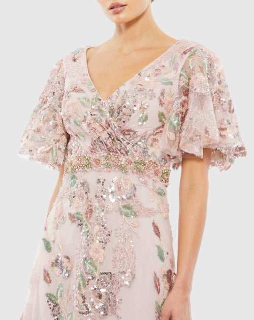 Floral Embellished Short Sleeve Gown