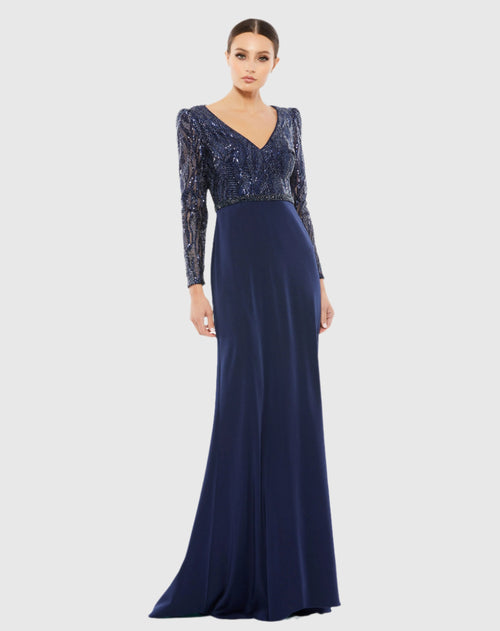 Embellished Long Sleeve Bodice Column Gown