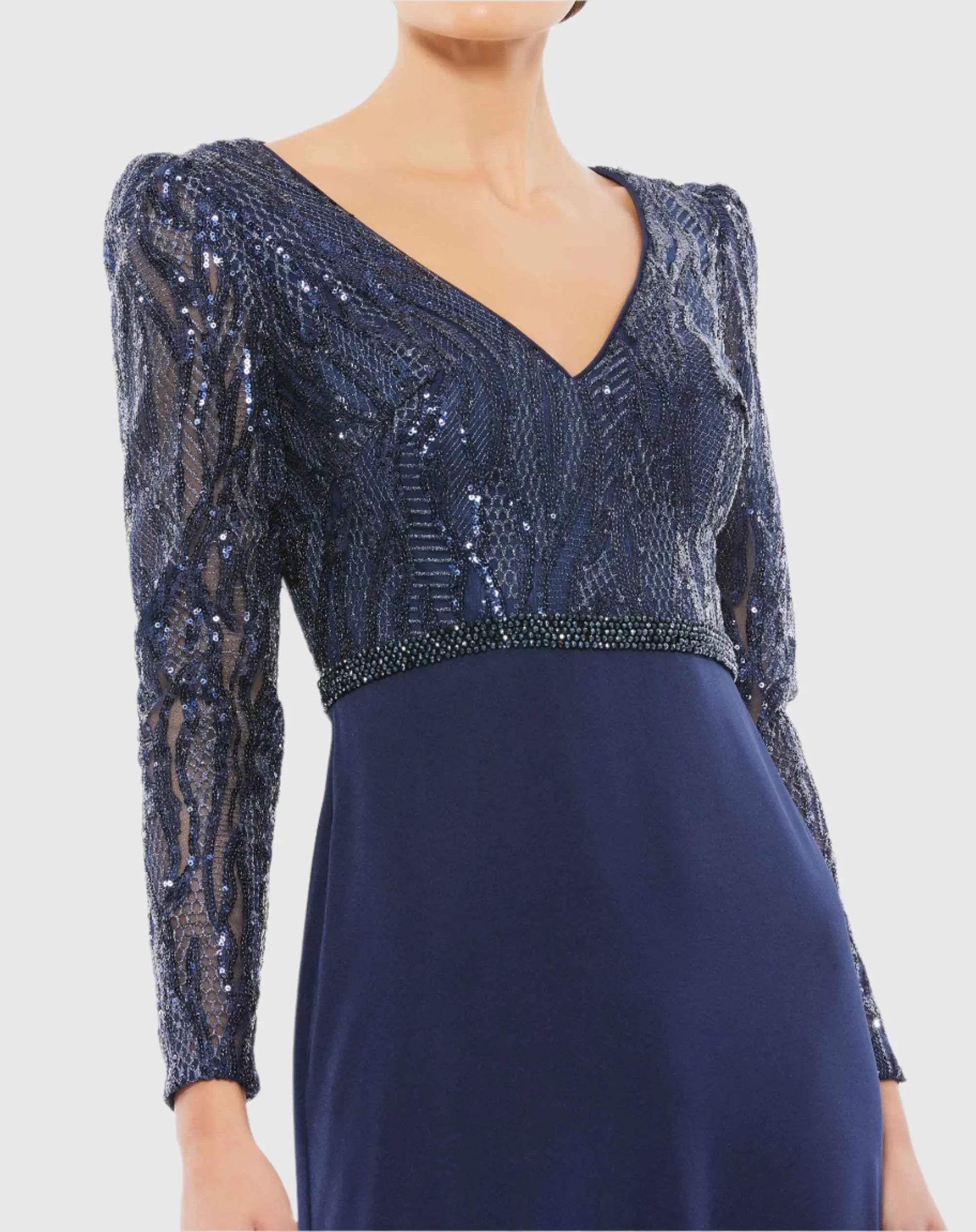 Navy Embellished Long Sleeve Bodice Column Gown - Mac Duggal