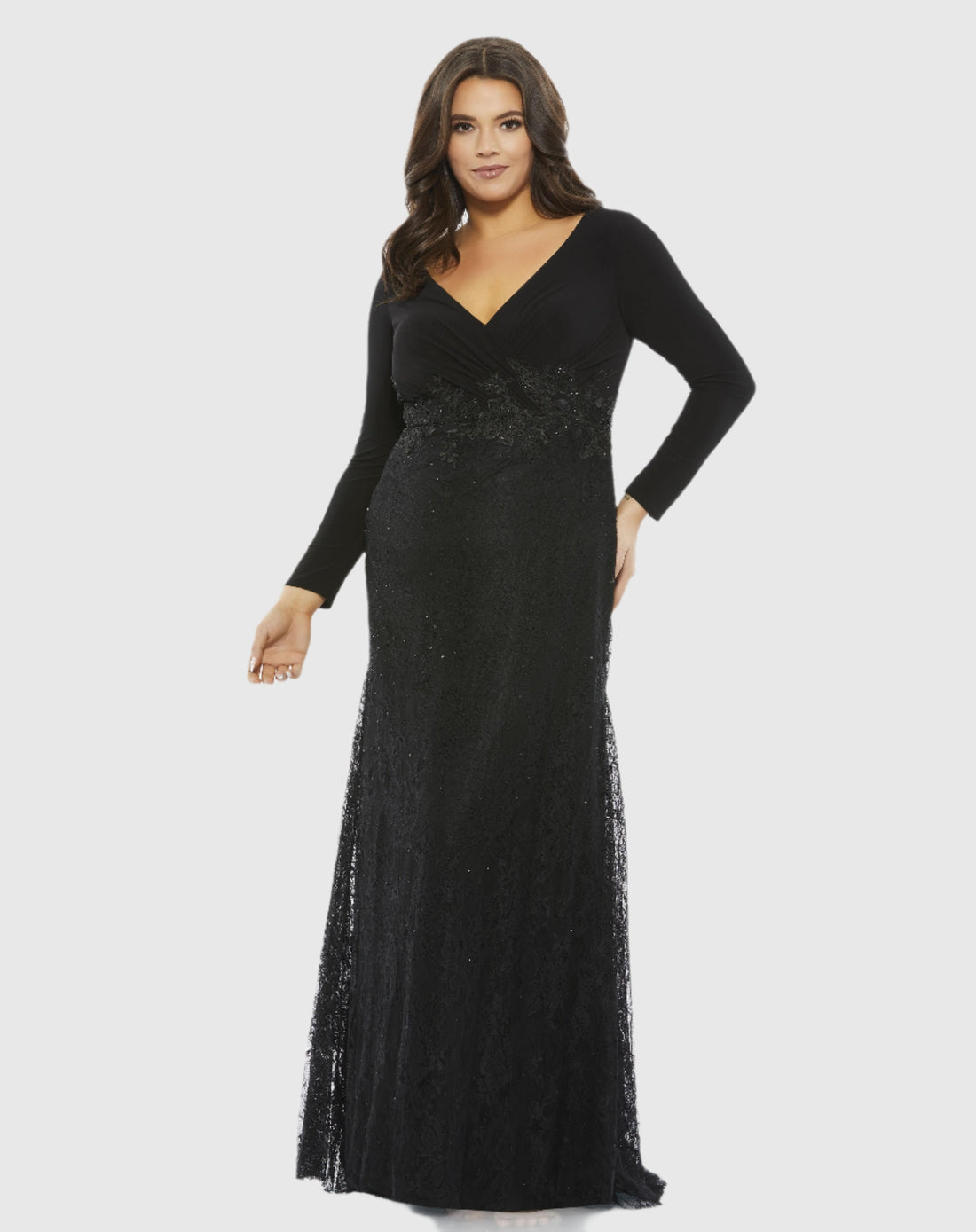 Wrap-Over Long Sleeve Lace Applique Trumpet Gown (Plus)