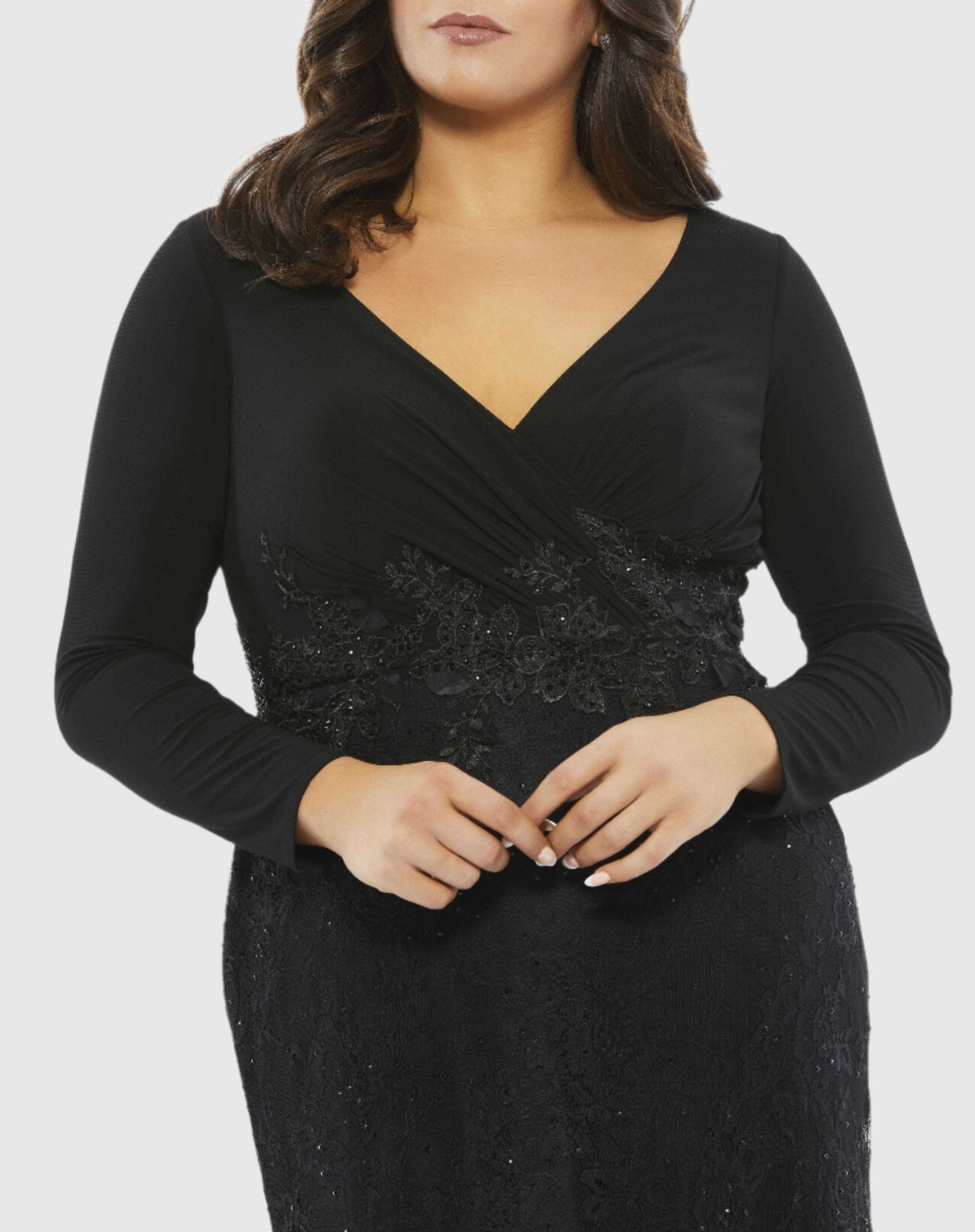 Wrap-Over Long Sleeve Lace Applique Trumpet Gown (Plus)