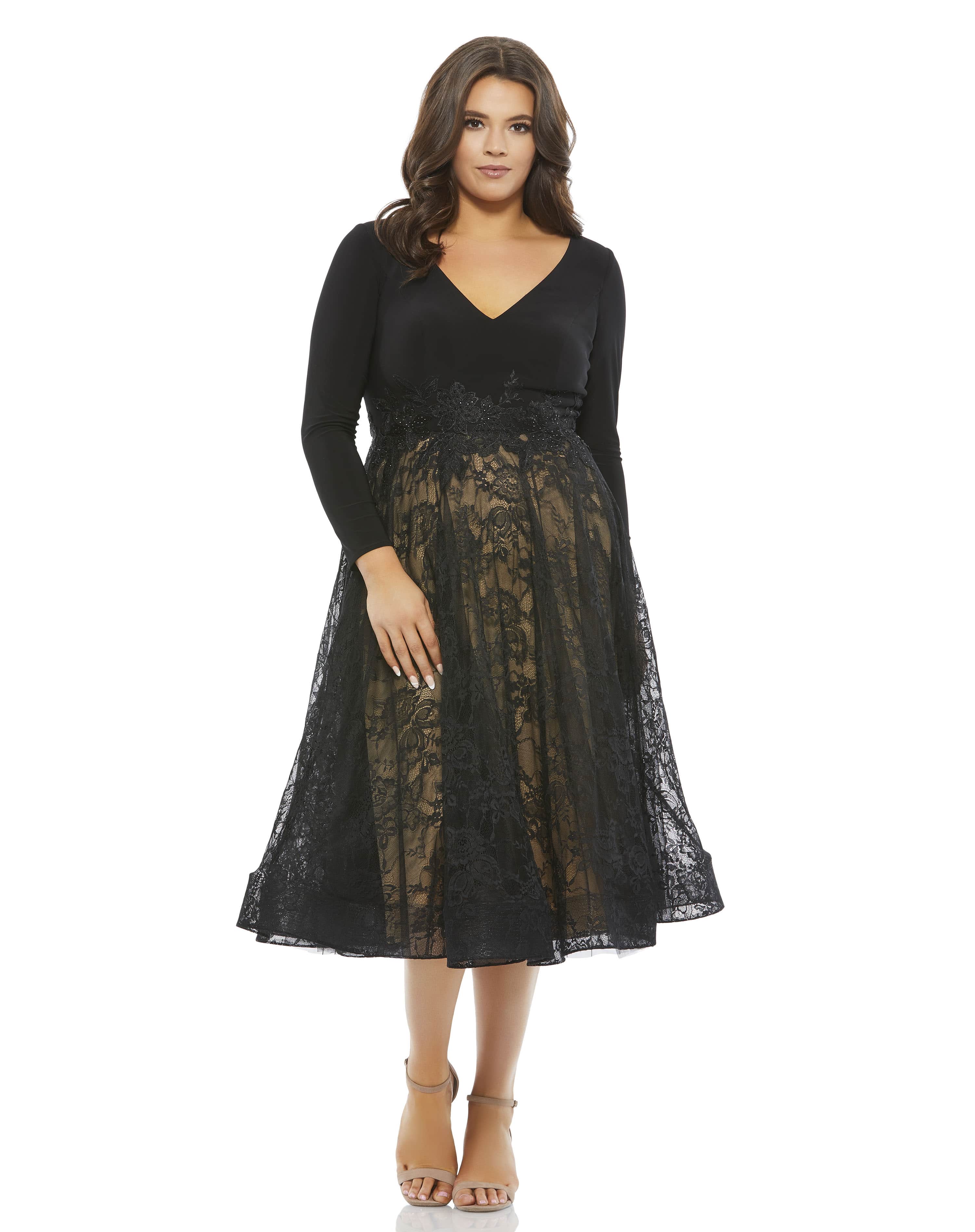 Long Sleeve Jersey & Lace Cocktail Dress (Plus)