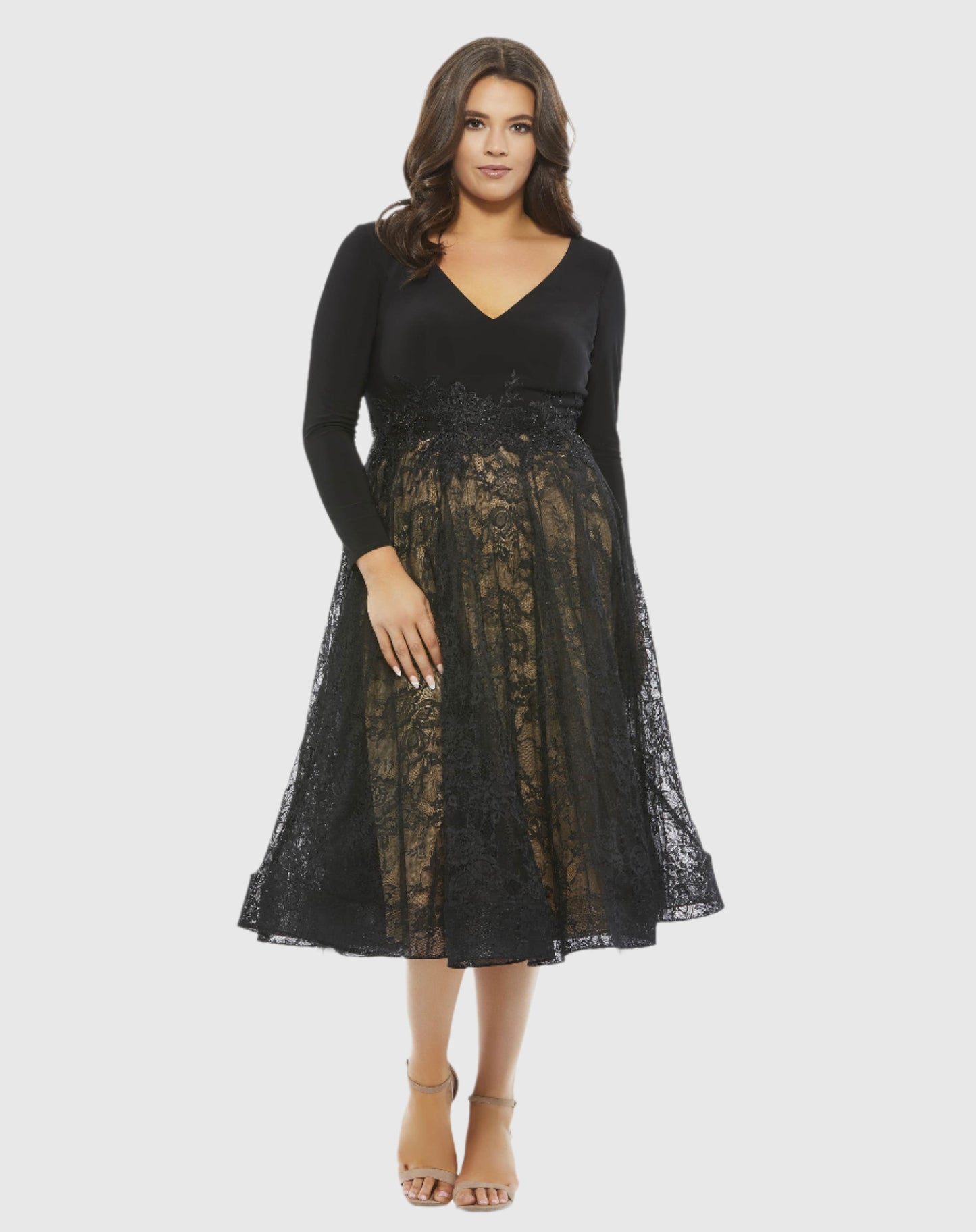 Long Sleeve Jersey & Lace Cocktail Dress