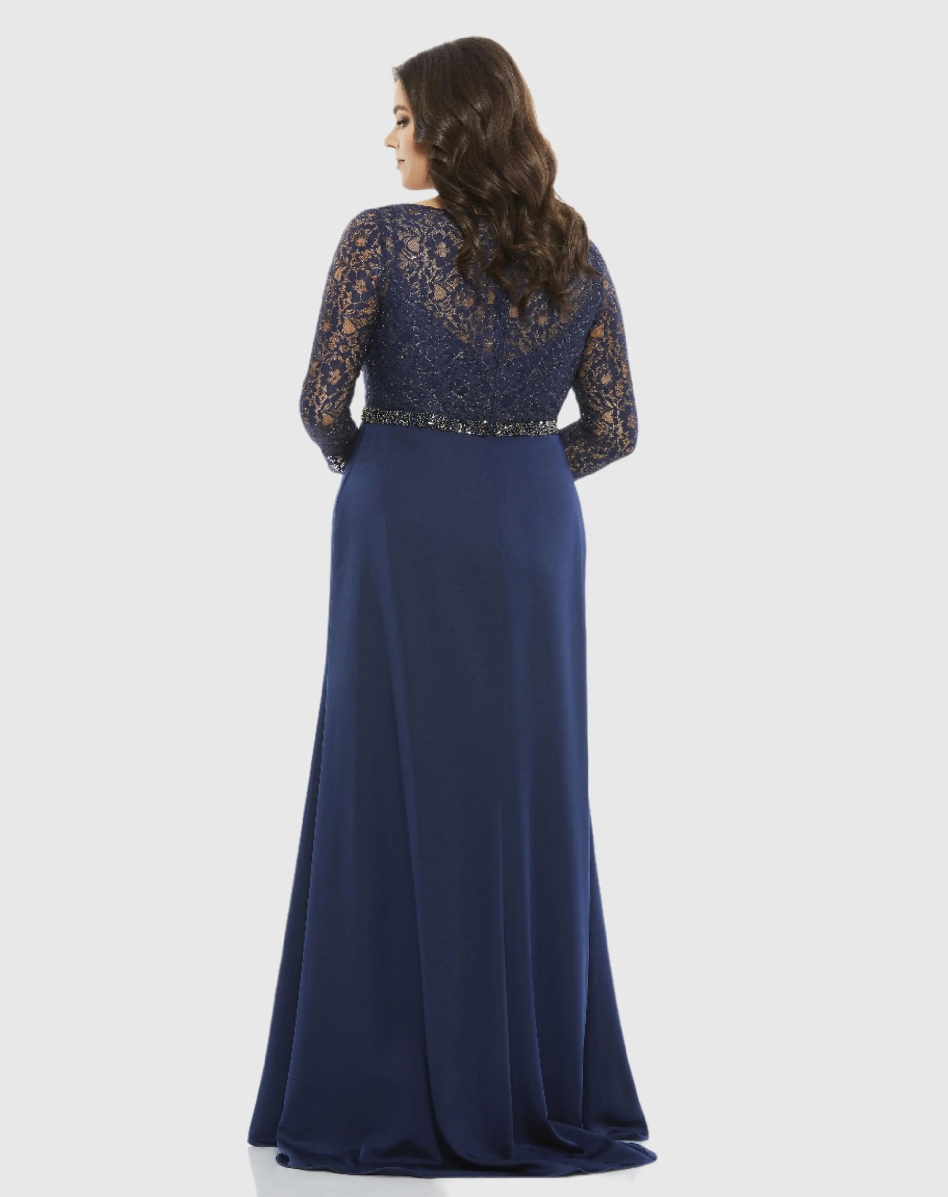 Lace Illusion Long Sleeve V-Neck Draped Gown (Plus) - Mac Duggal