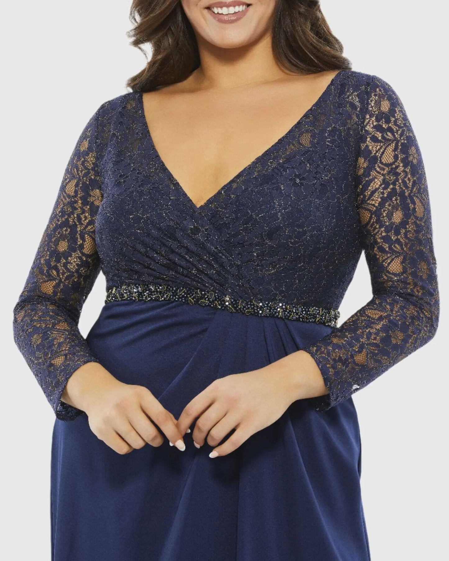 Lace Illusion Long Sleeve V-Neck Draped Gown (Plus) - Mac Duggal