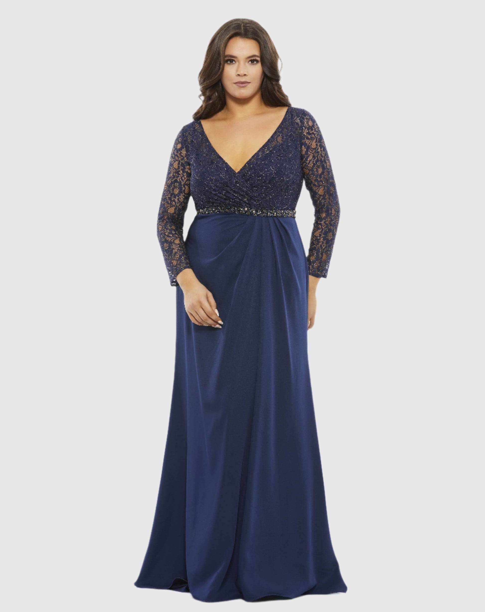 Lace Illusion Long Sleeve V-Neck Draped Gown