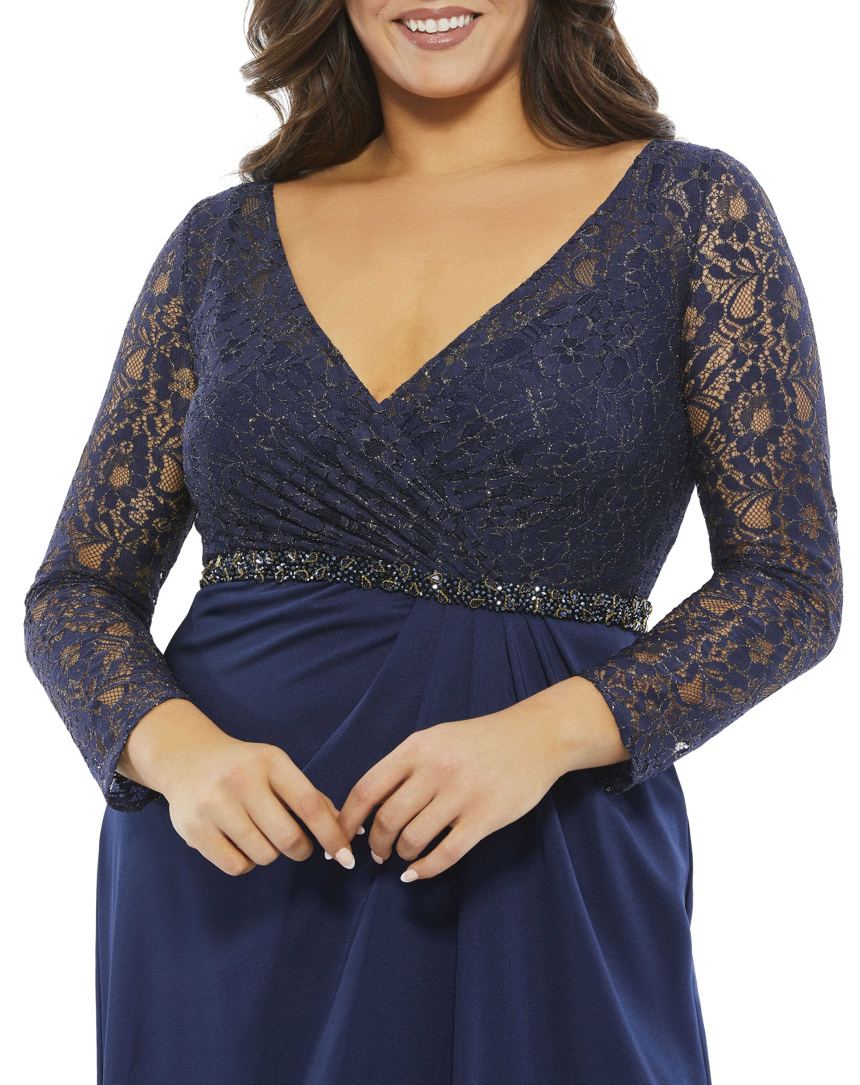 Lace Illusion Long Sleeve V-Neck Draped Gown (Plus)