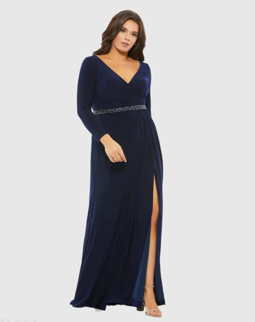Navy Beaded Belt Jersey Faux Wrap Long Sleeve Gown - Mac Duggal