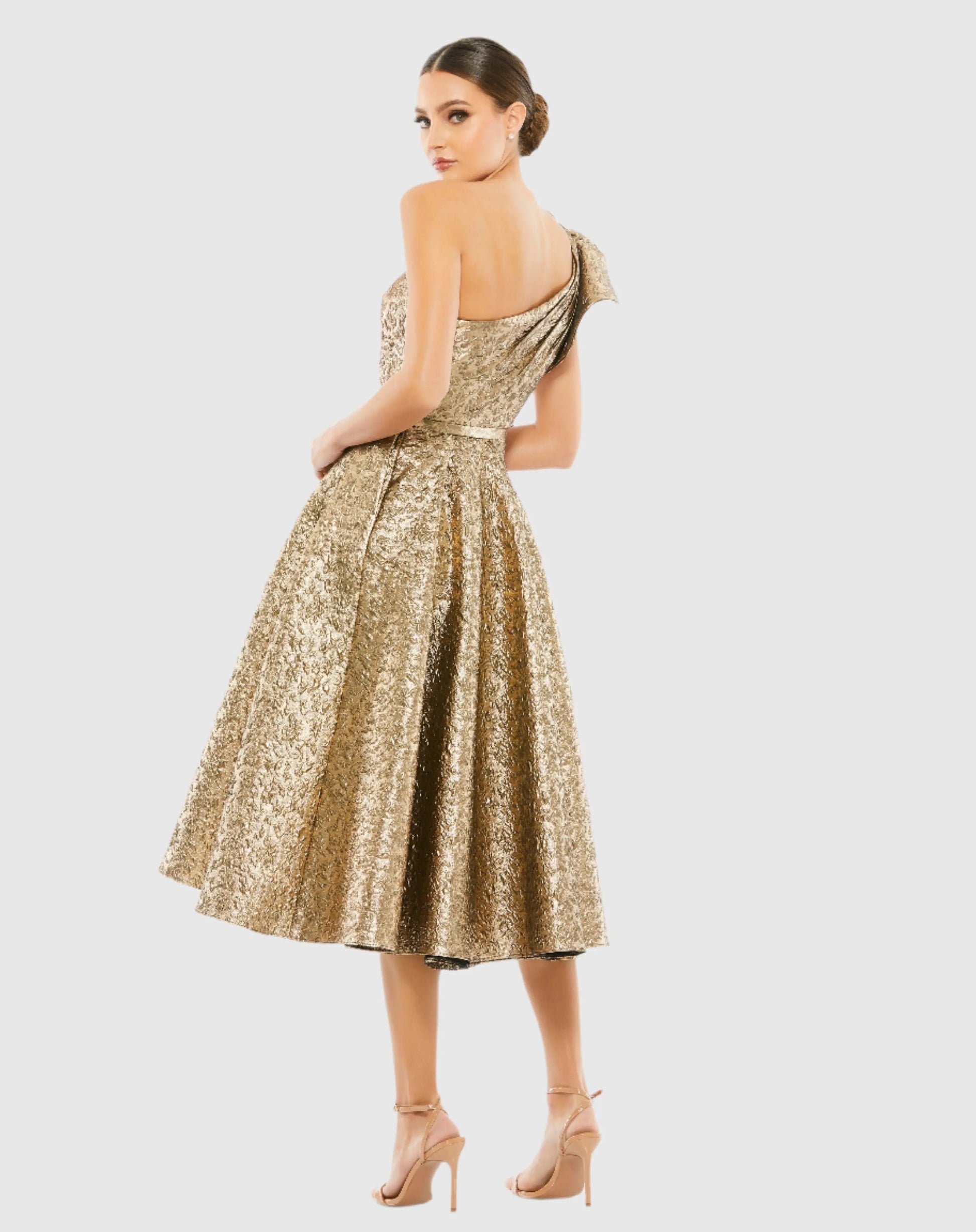 Gold One Shoulder Bow Midi Dress With Pockets | Mac Duggal Gold One Shoulder Bow Midi Dress With Pockets | Mac Duggal