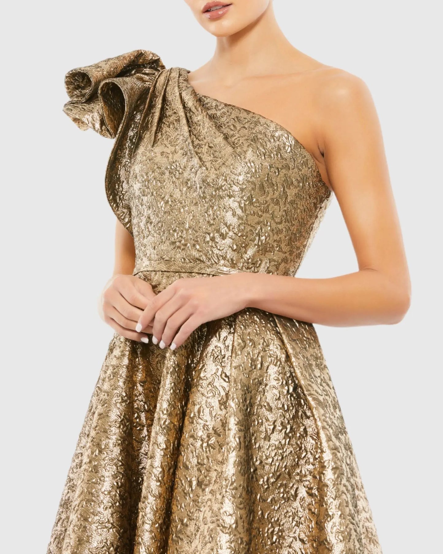 Bronze One Shoulder Bow Midi Dress Mac Duggal
